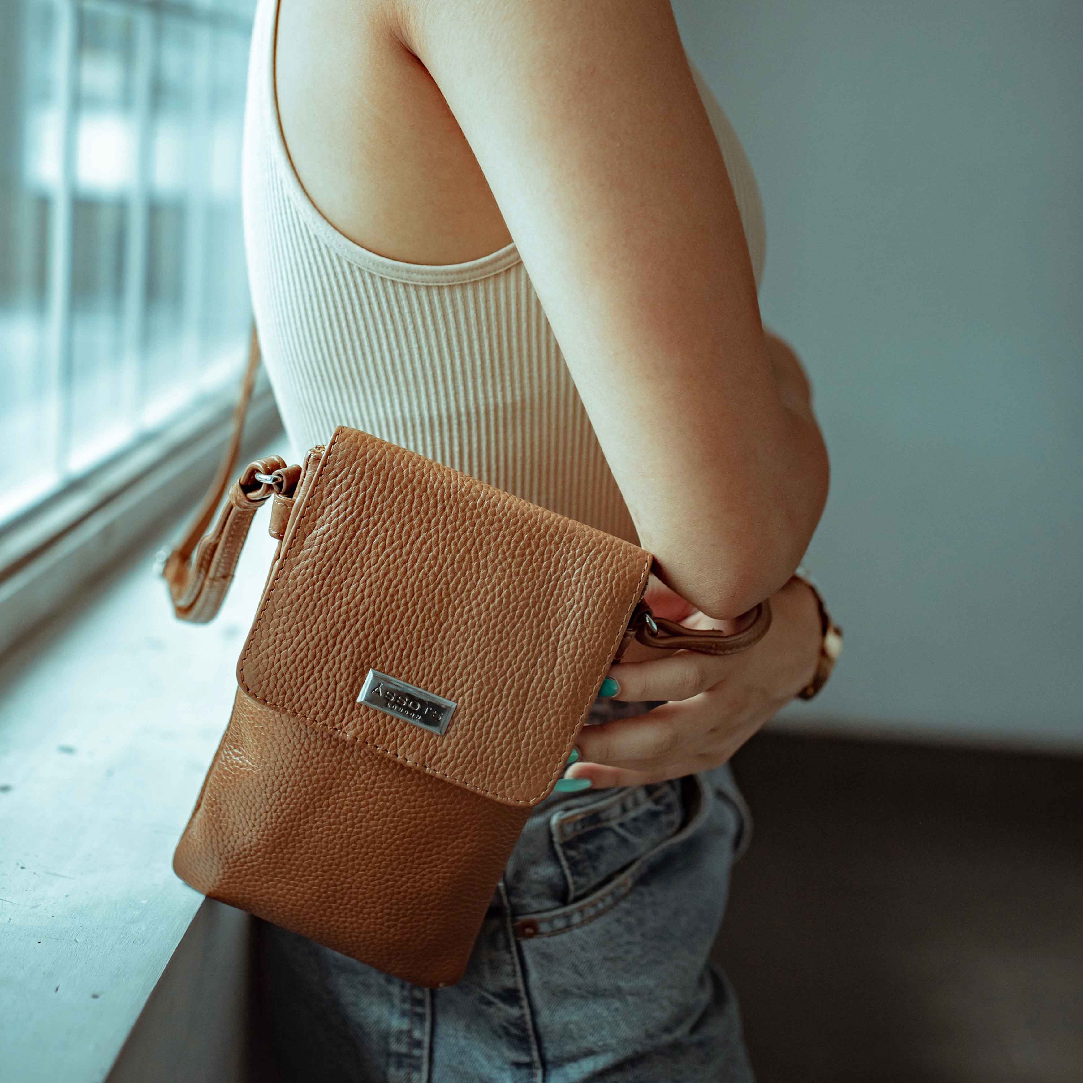'MARIA' Tan Pebble Grain Real Leather Crossbody Phone Bag