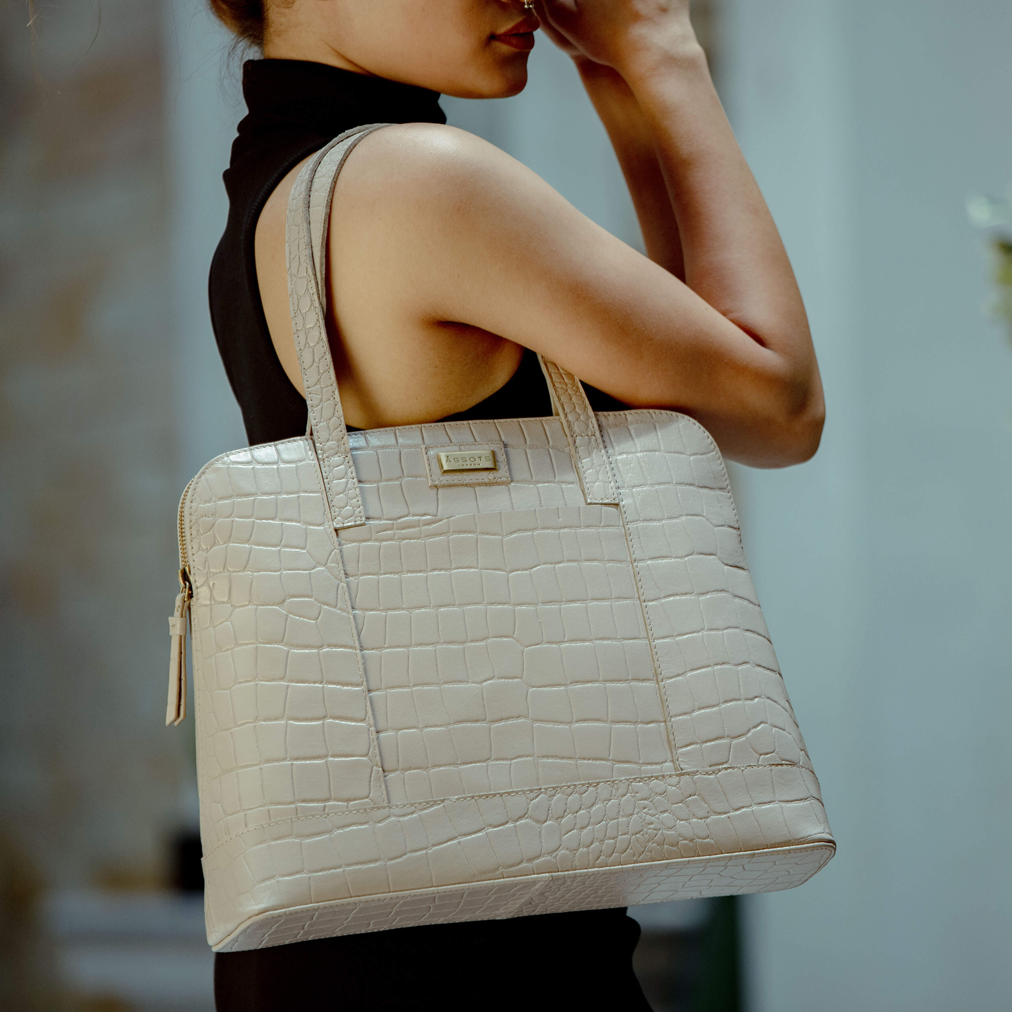 'Eva' Ice Grey Croc Real Leather Designer Unlined Tote Bag