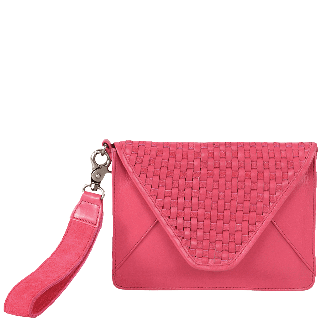 'CRESCENT' Pink Leather Flap-over Woven Clutch Bag