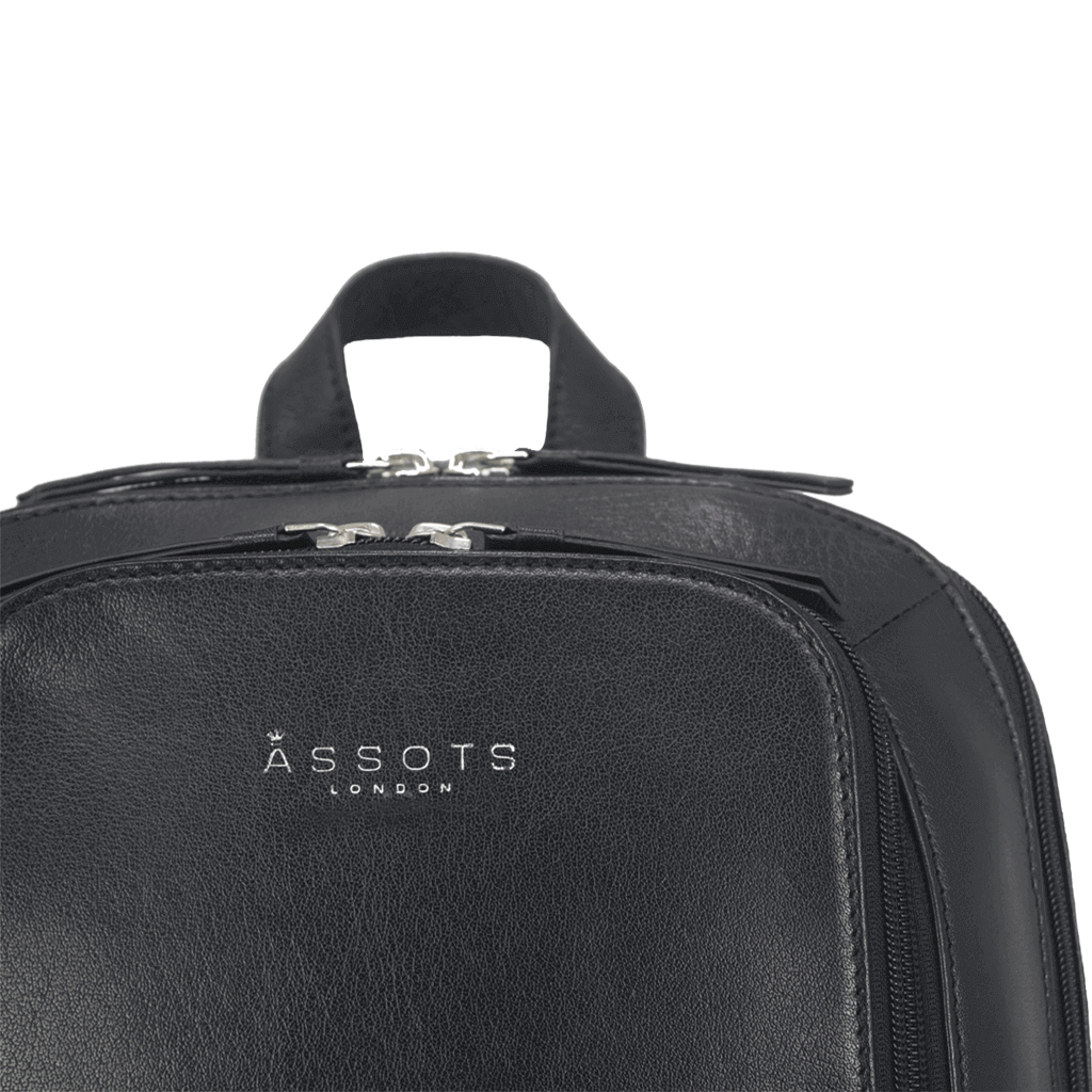 'BAKER' Black Full Grain Leather Double Zip Laptop Backpack