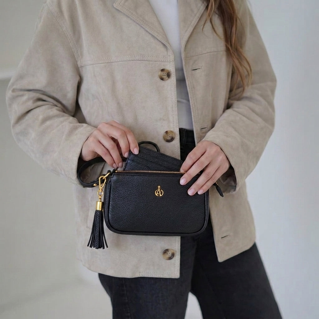 'ROSE' Black Pebble Grain Real Leather Shoulder Bag