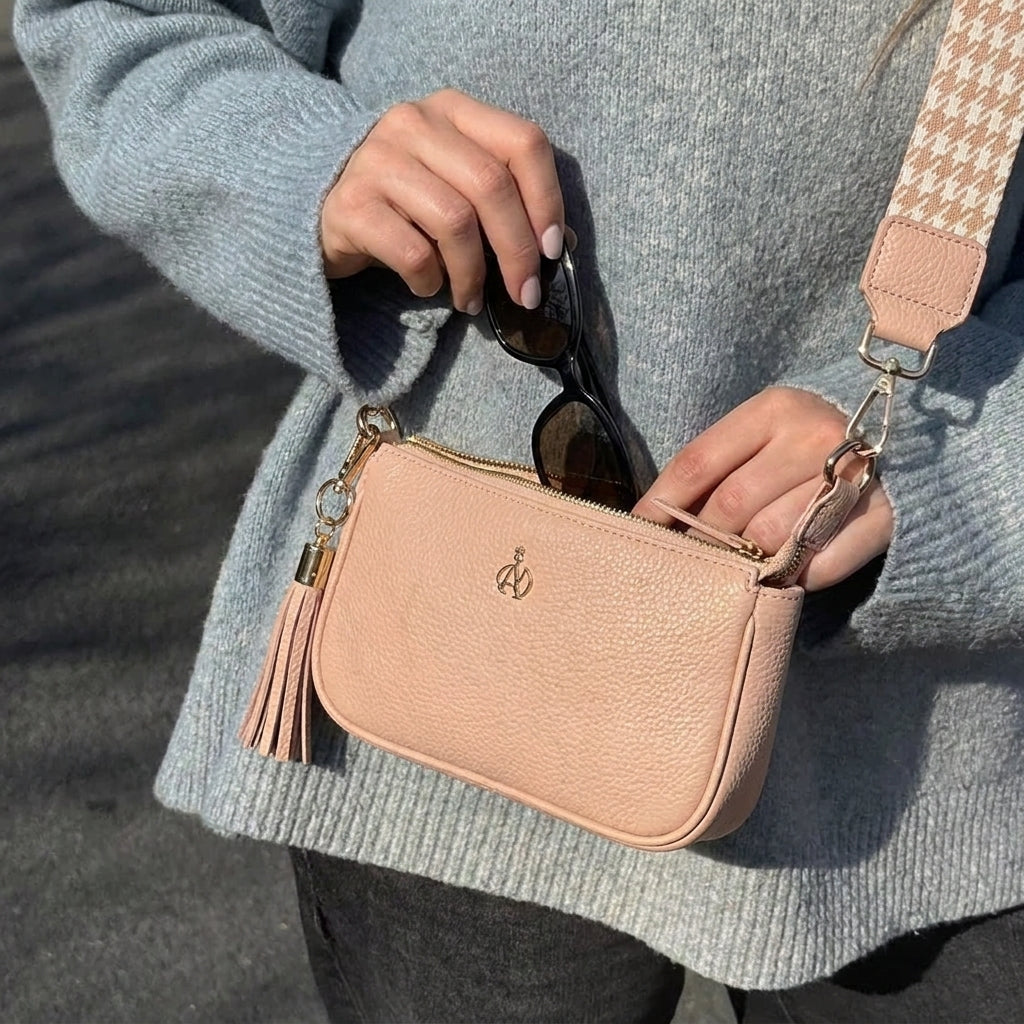 'ROSE' Peach Pebble Grain Real Leather Shoulder Bag