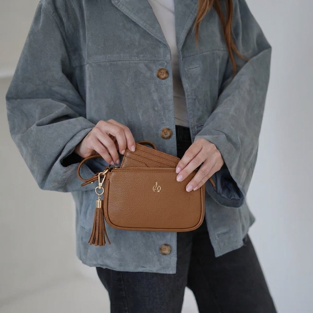 'ROSE' Tan Pebble Grain Real Leather Shoulder Bag