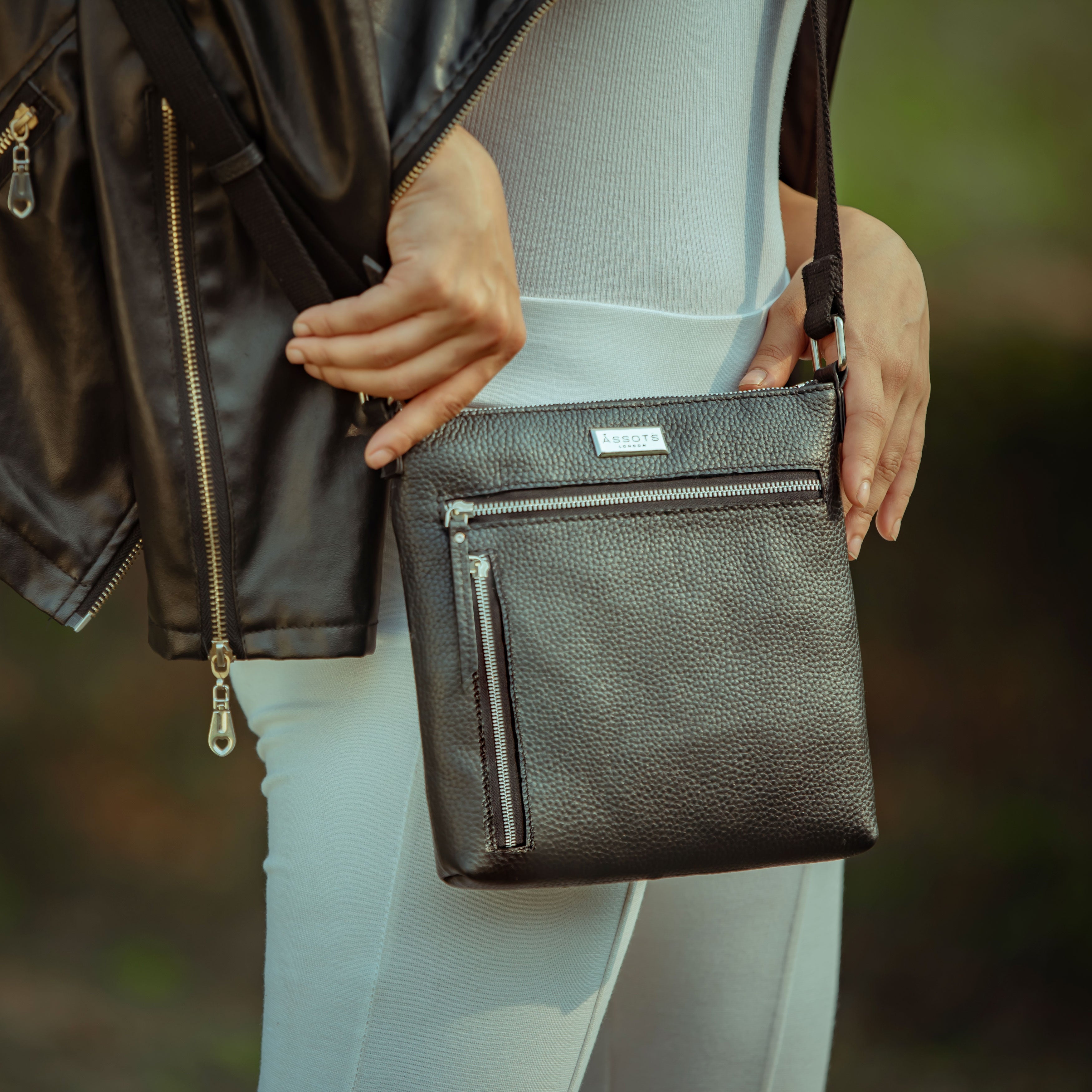 'RUE' Black Pebble Grain Real Leather Crossbody Bag
