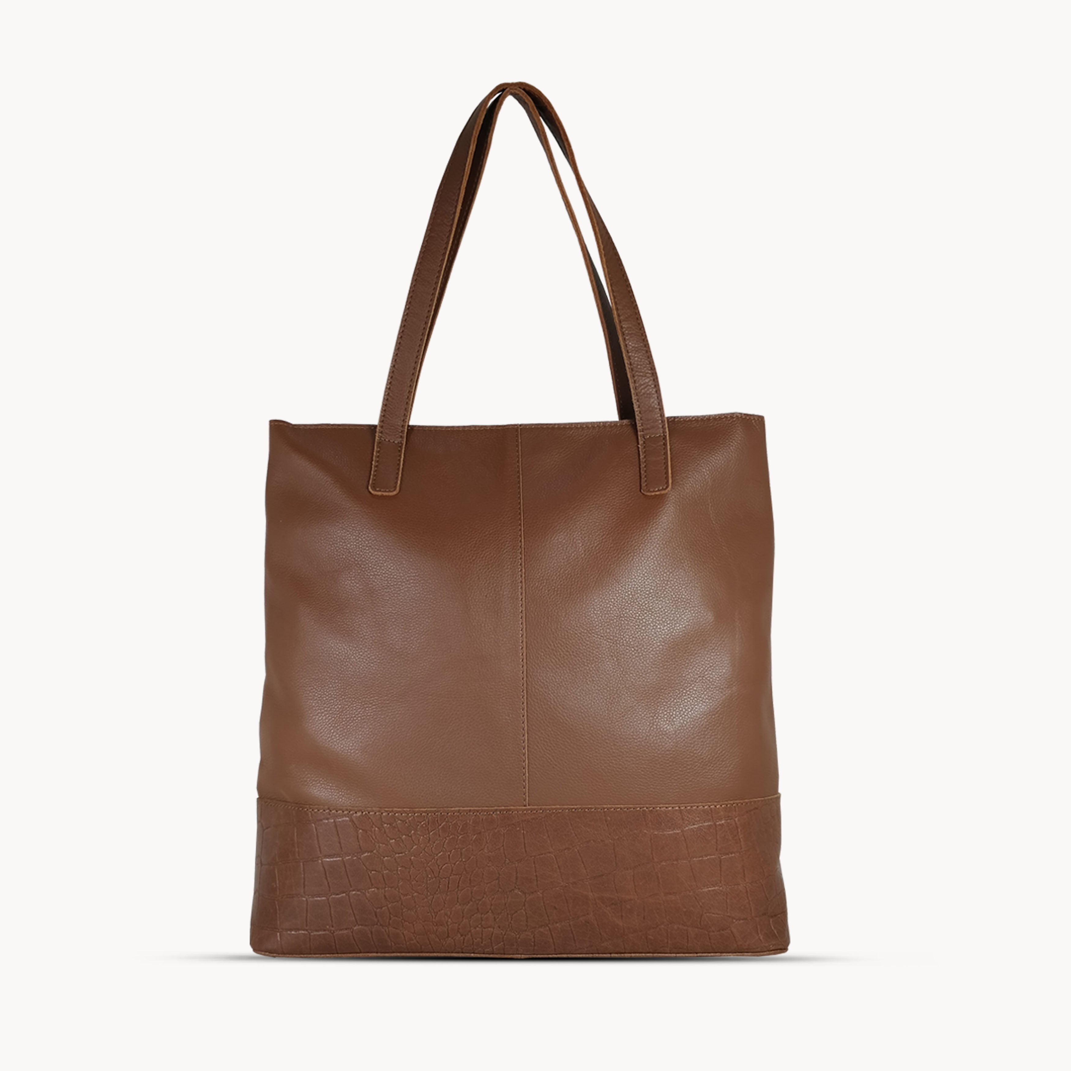 'SIENNA' Tan Croc + Pebble Grain Unlined Leather Tote Bag