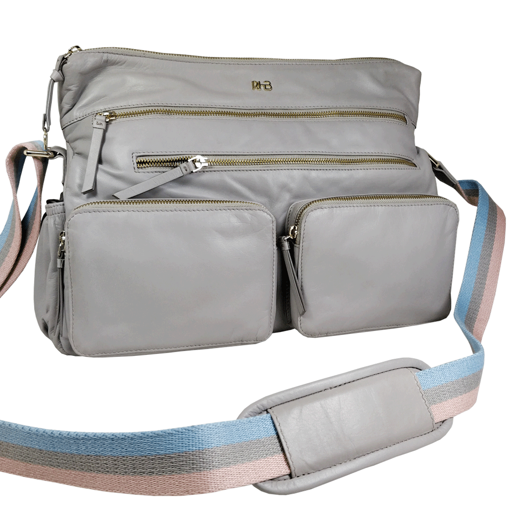 'SUZANNE' Grey Lightweight Luxurious Baby Changing/Diaper Leather Crossbody Organiser Bag