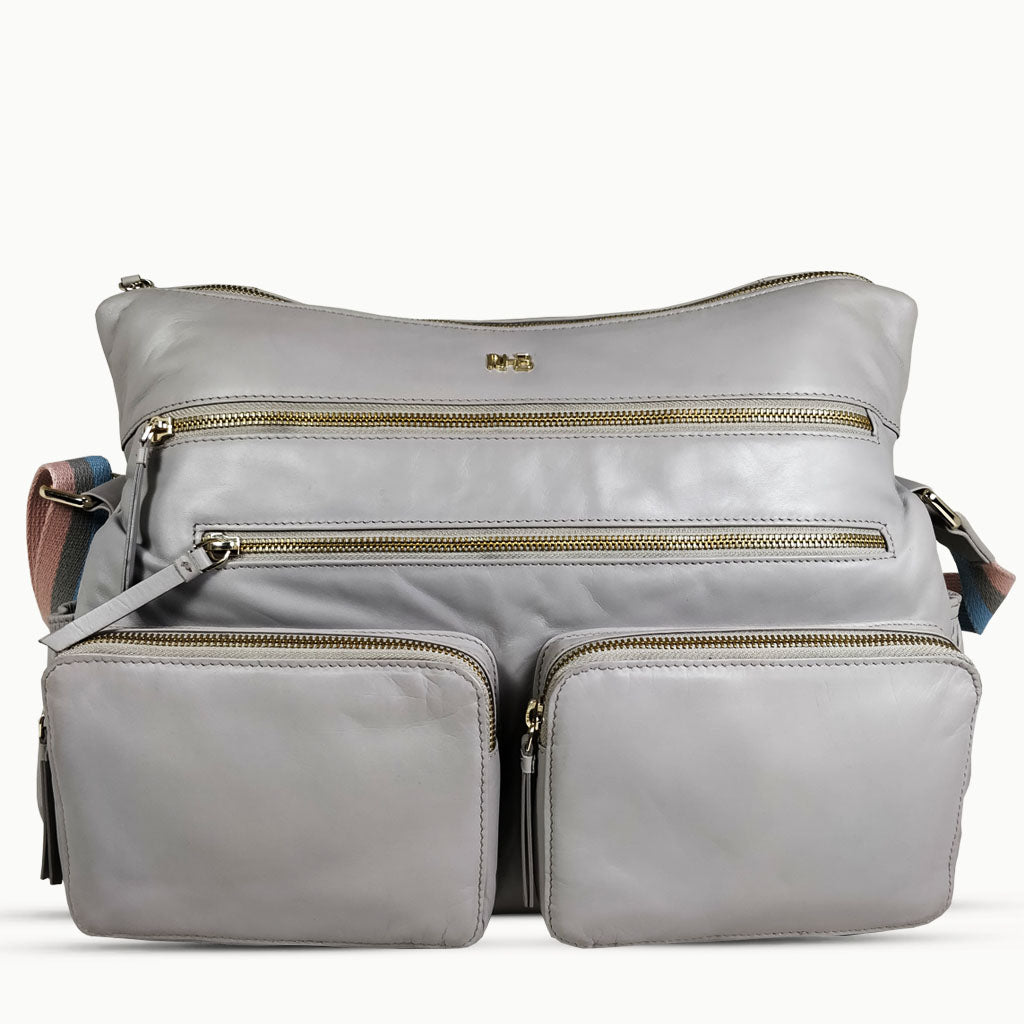 'SUZANNE' Grey Lightweight Luxurious Baby Changing/Diaper Leather Crossbody Organiser Bag