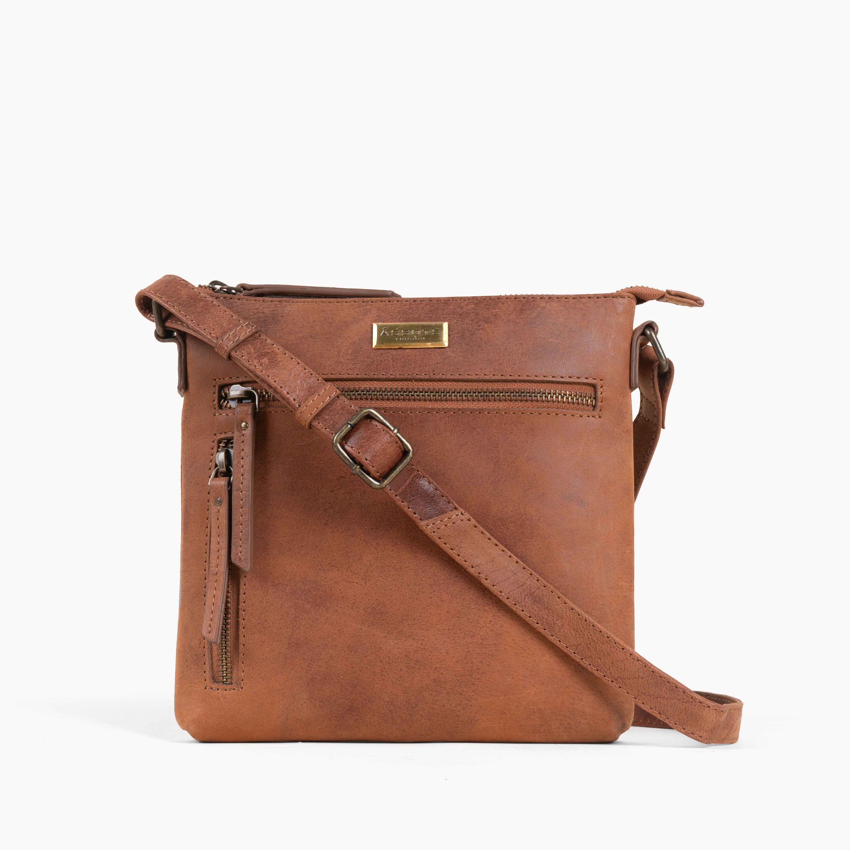 'RUE' Distressed Tan Real Leather Crossbody Bag