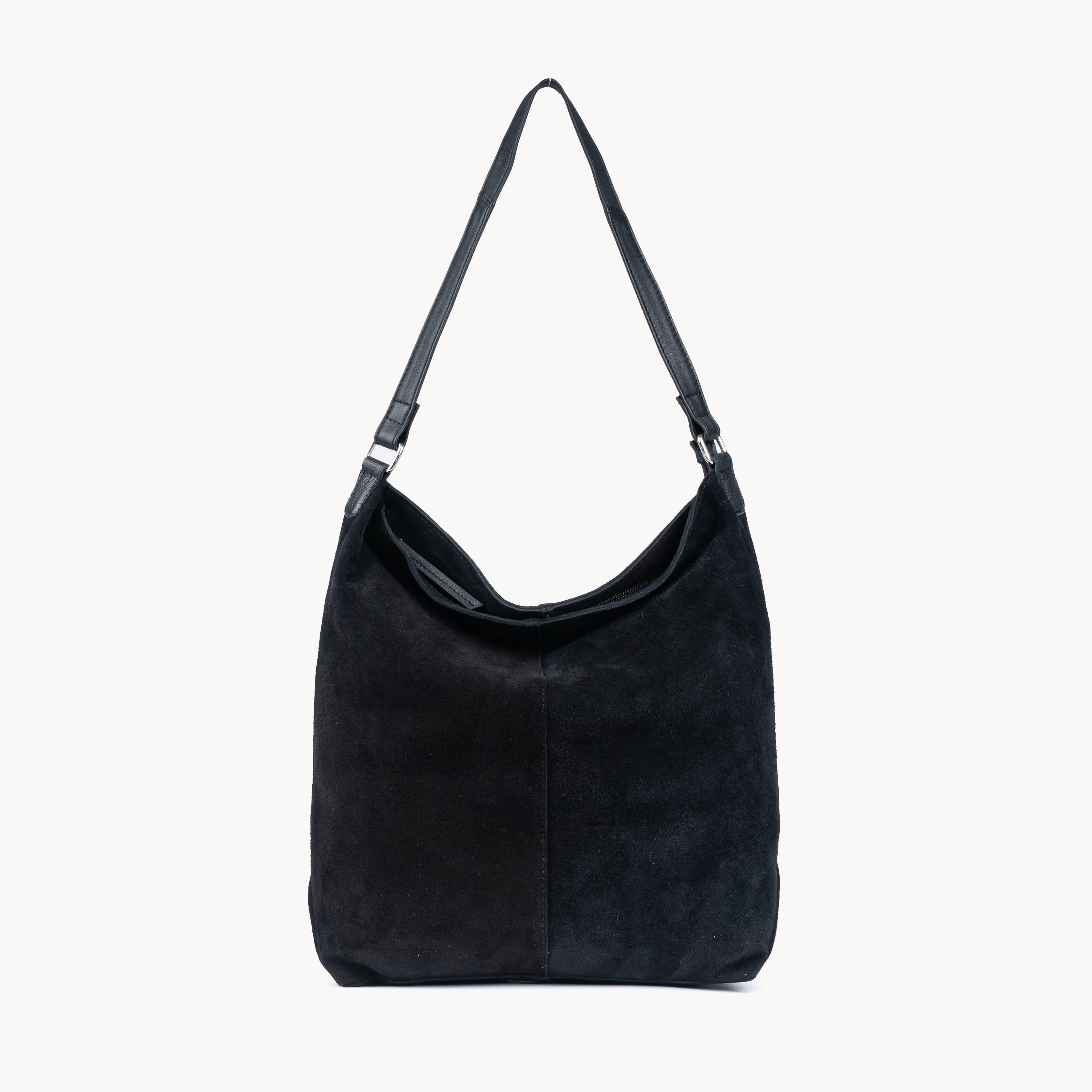 'TINA' Black Suede Real Leather Unlined Slouchy Shopper Tote Bag