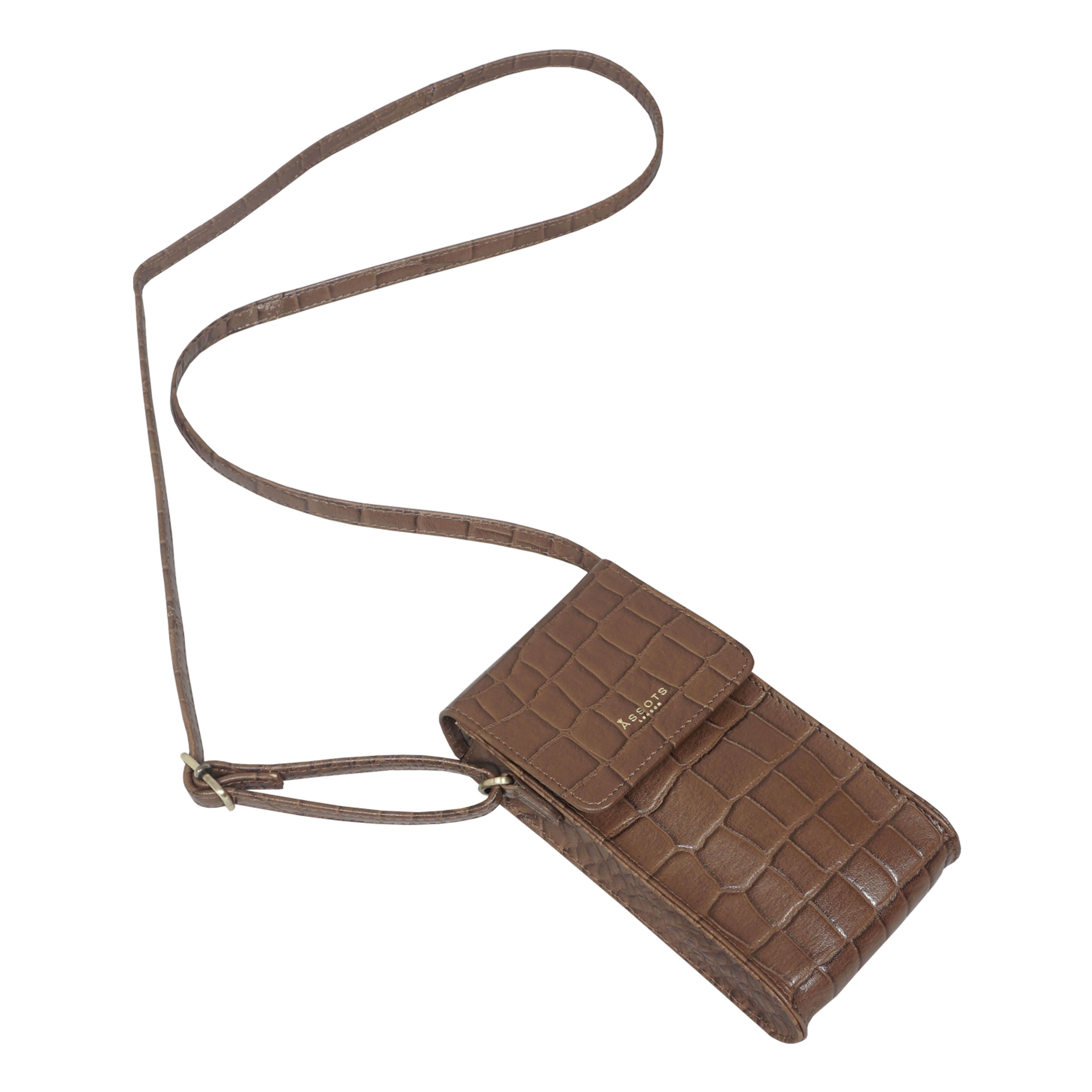 'TRACY' Tan Croc Real Leather Crossbody Phone Bag