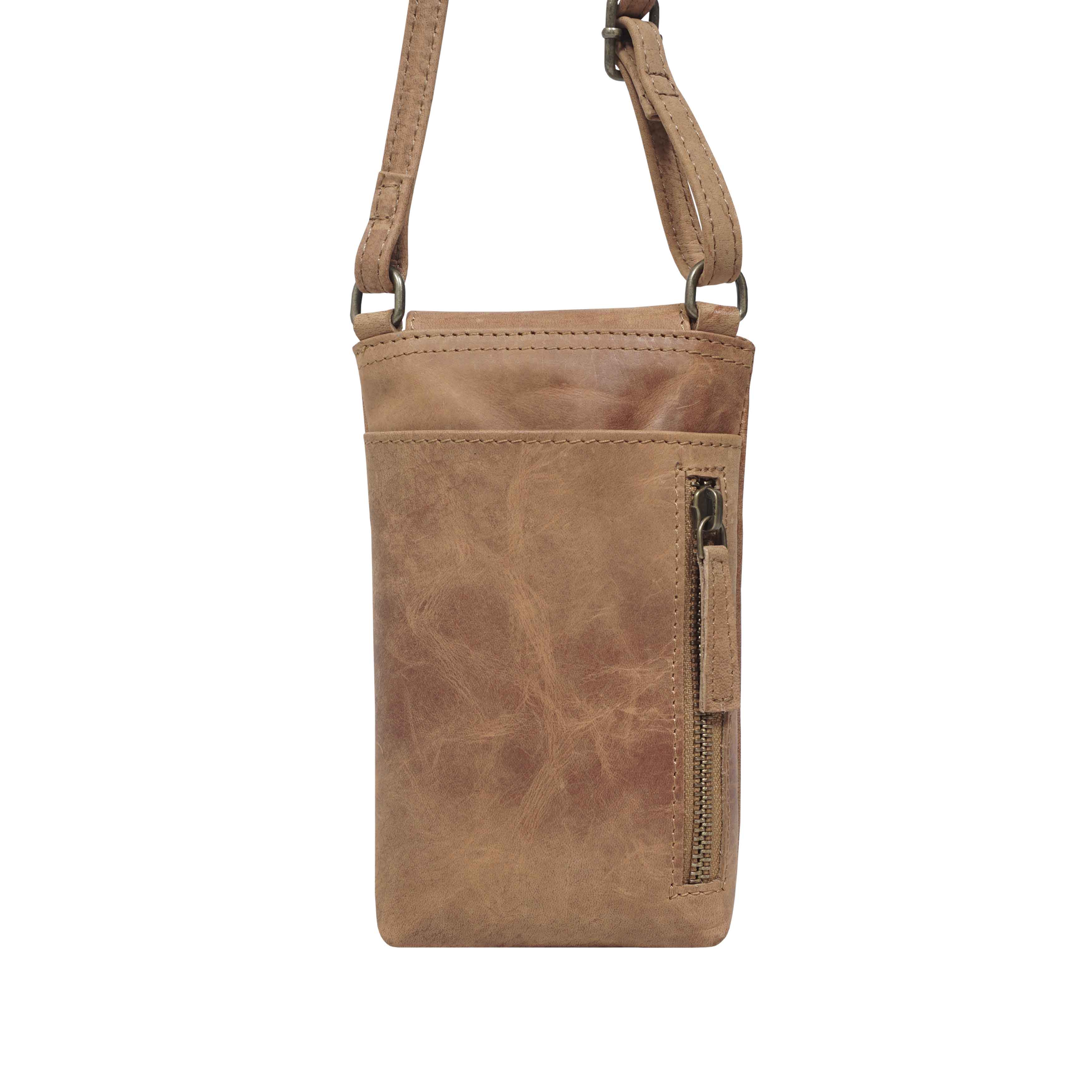 'THEA' Tan Distressed Real Leather Mobile Phone Crossbody Bag