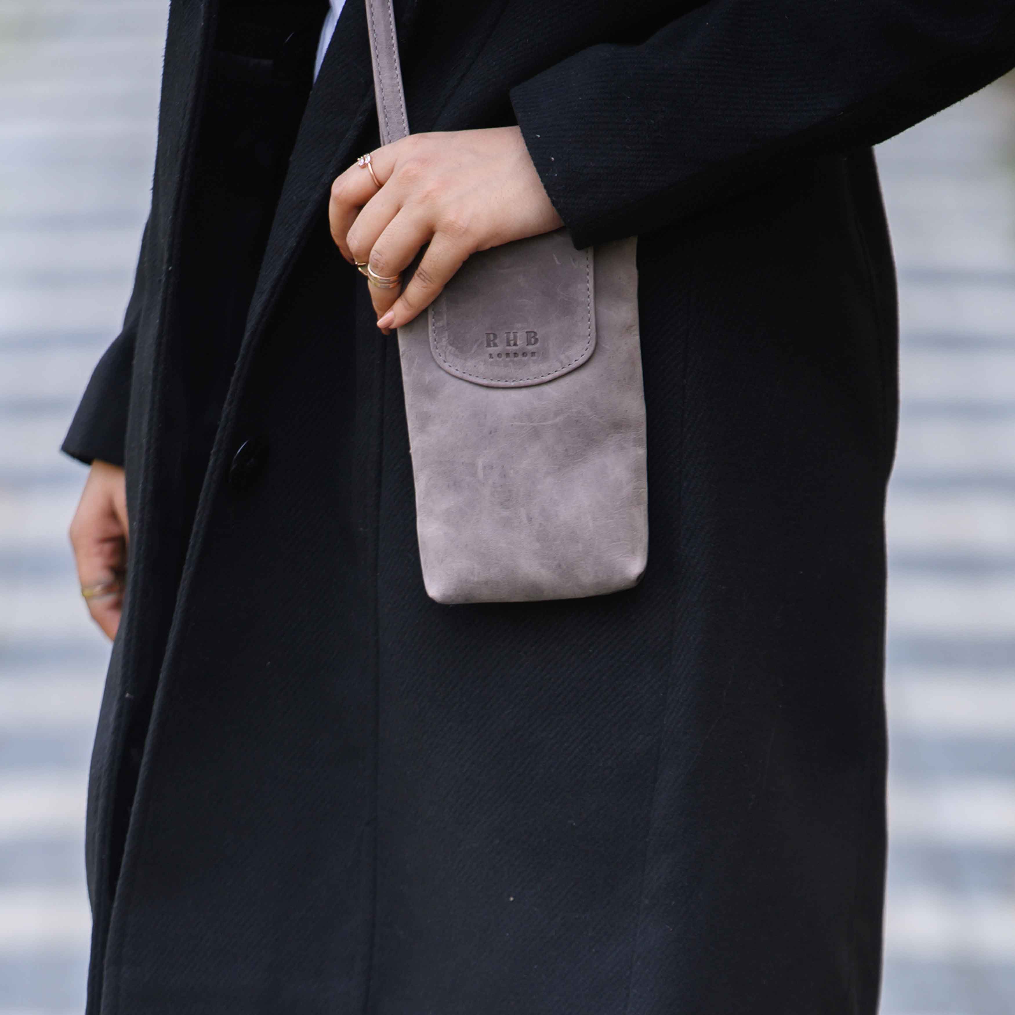 'THEA' Grey Distressed Real Leather Mobile Phone Crossbody Bag