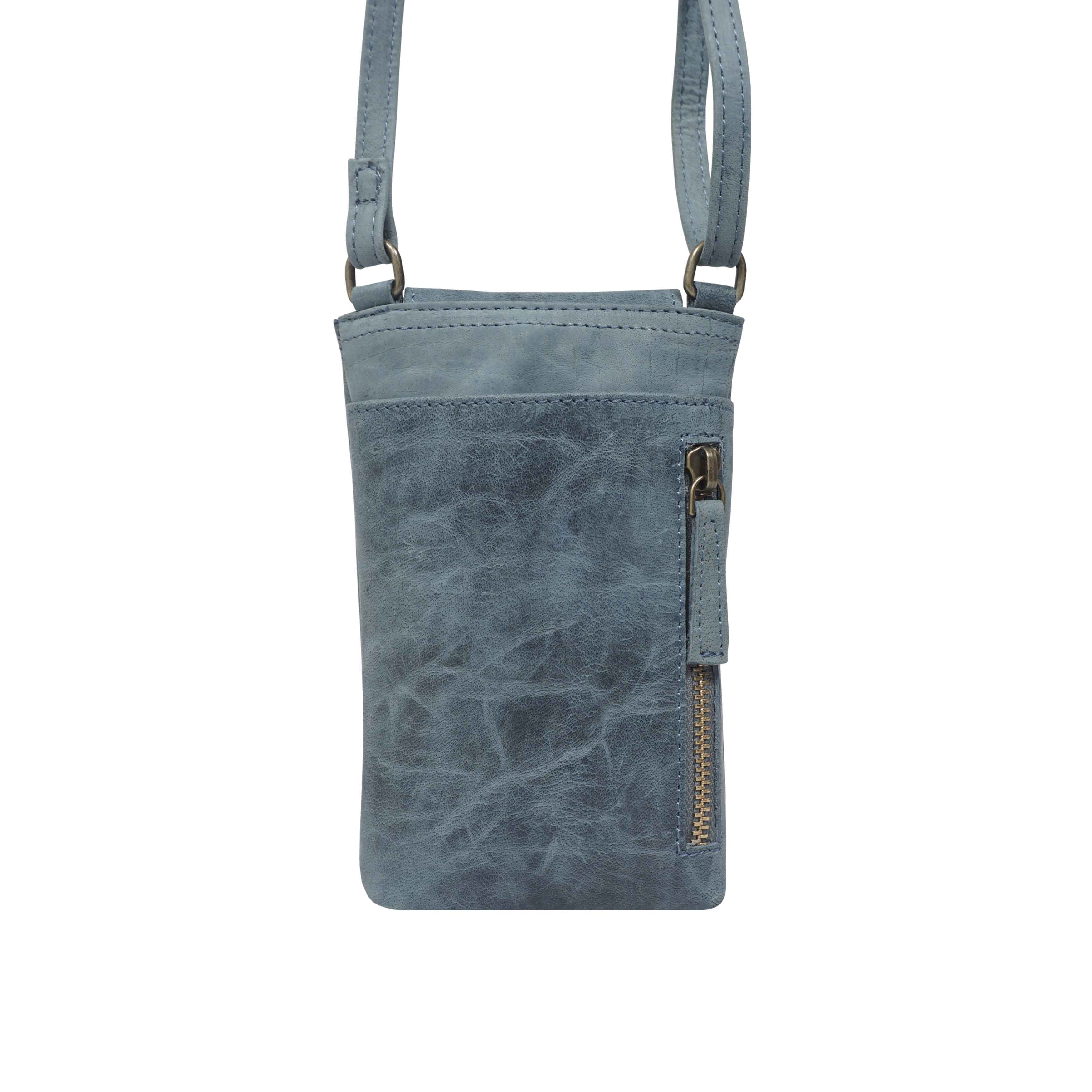 'THEA' Denim Distressed Real Leather Mobile Phone Crossbody Bag