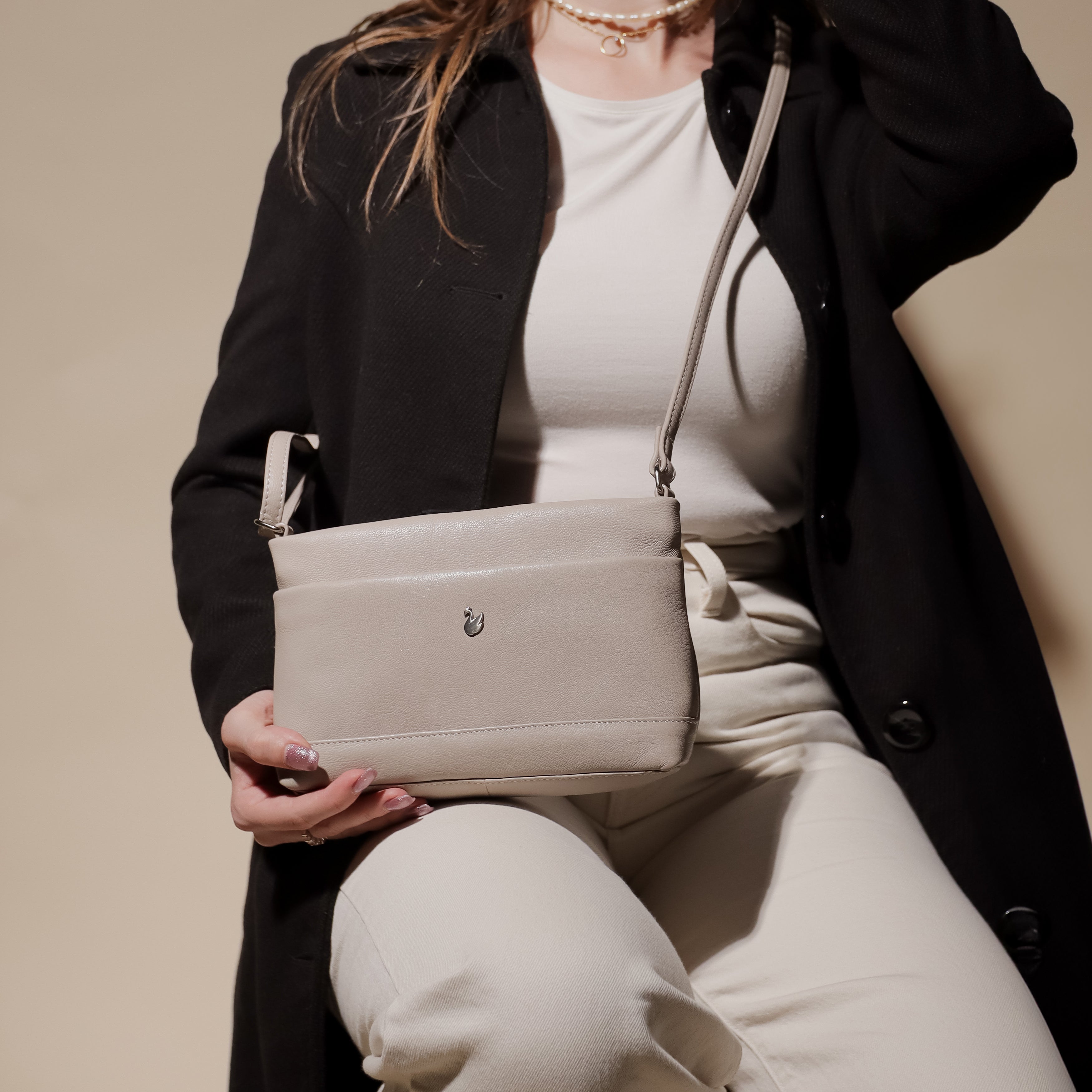 'SANDRA' Ice Grey Soft Nappa Full Grain Real Leather Crossbody Bag