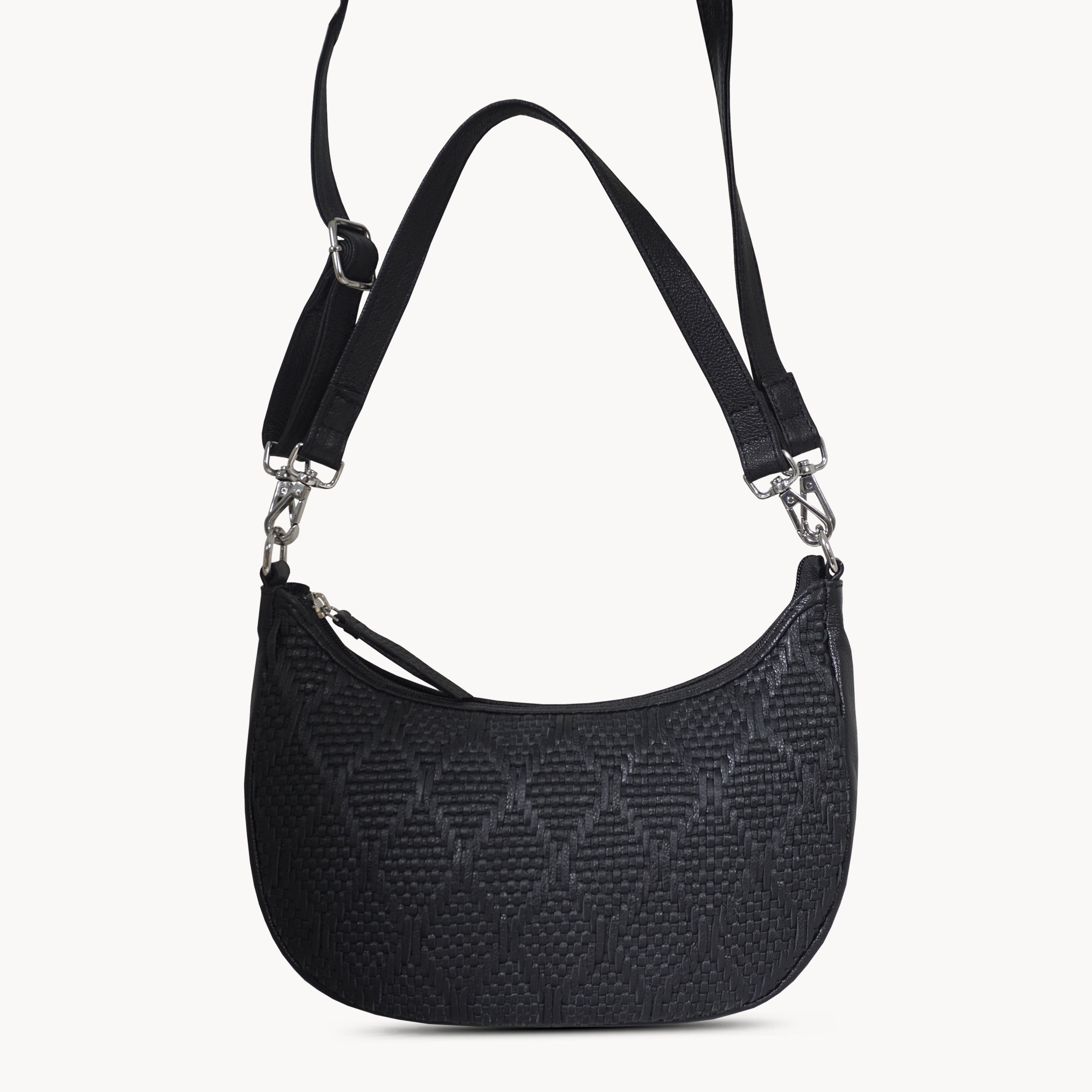'Wonder Weave' Black Real Leather Woven Designer Shoulder Crossbody Bag