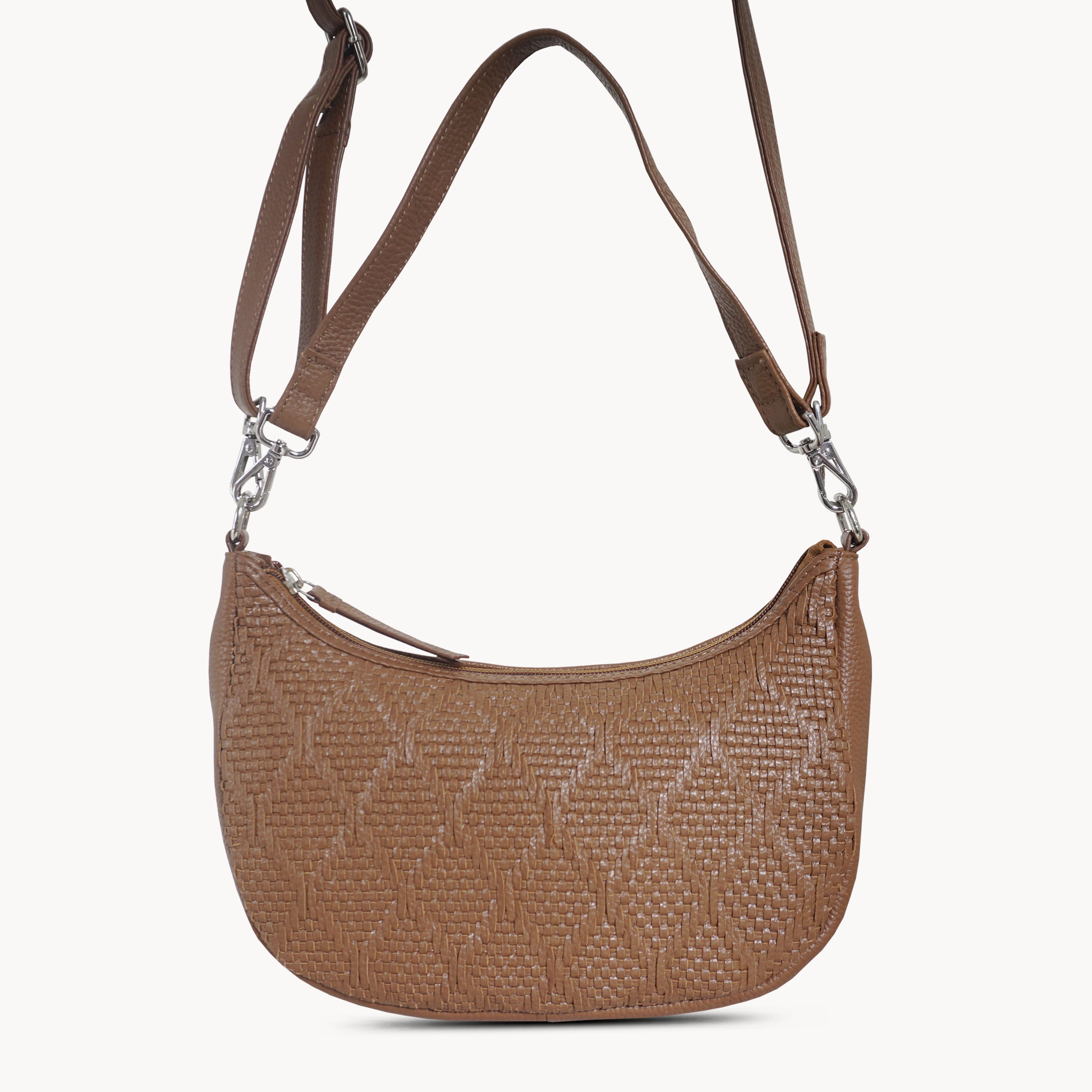 'Wonder Weave' Dark Tan Real Leather Woven Designer Shoulder Crossbody Bag