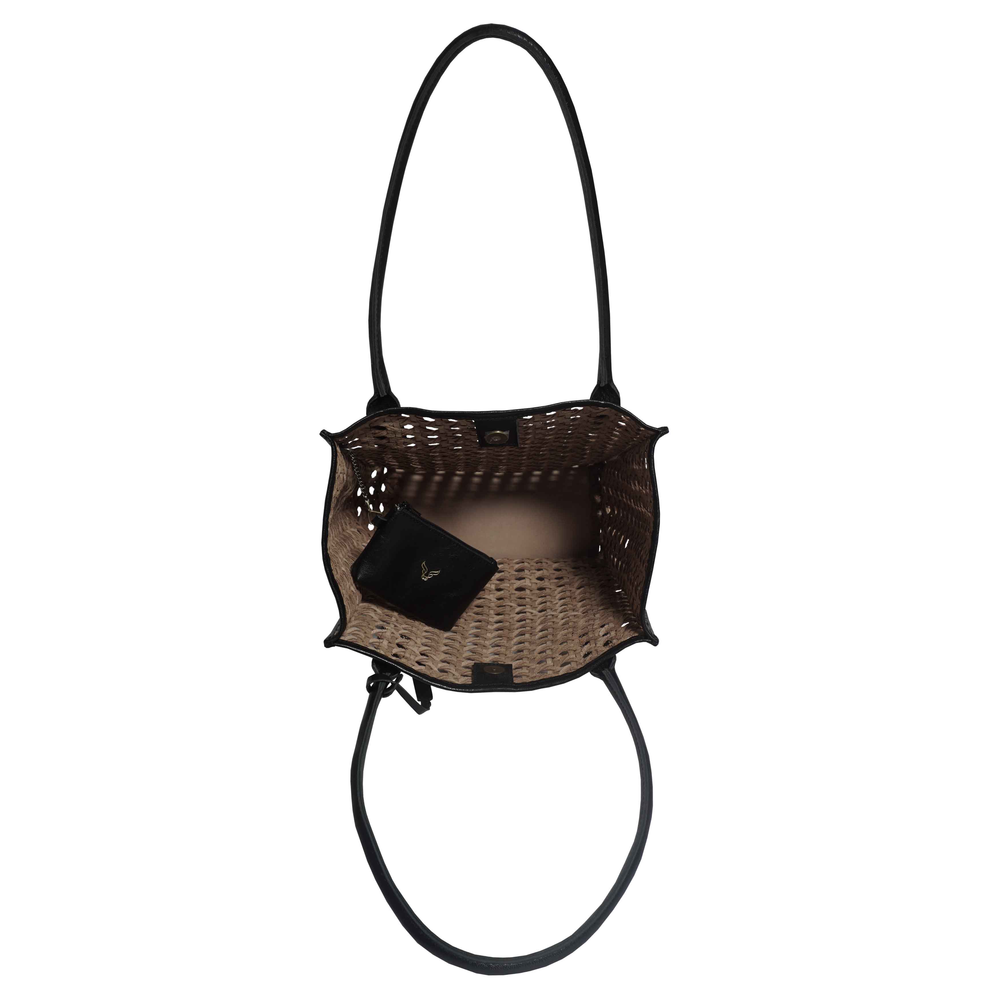 'PELLE TESSUTA' Beige & Black Real Leather Woven Tote Bag