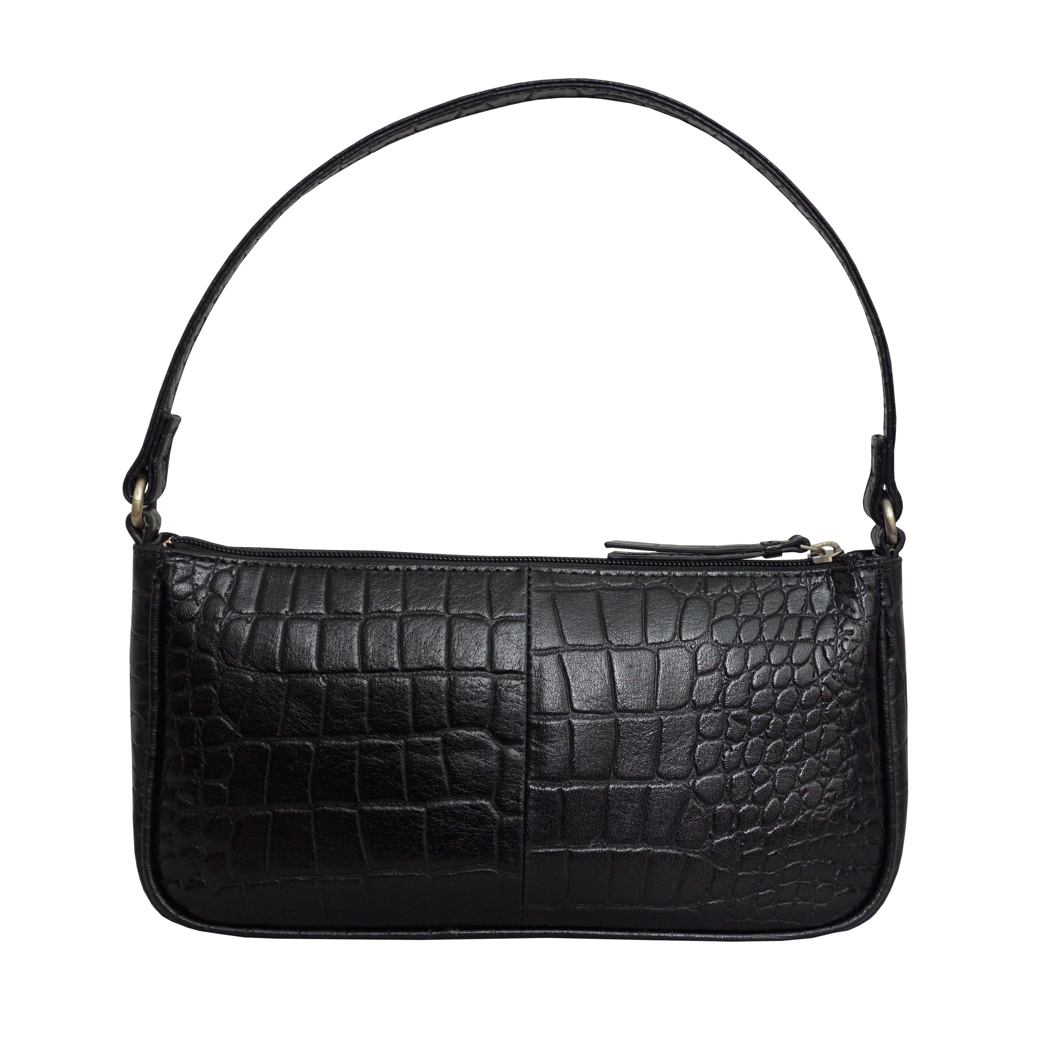 'ZARA' Black Croc Real Leather Baguette Shoulder Bag