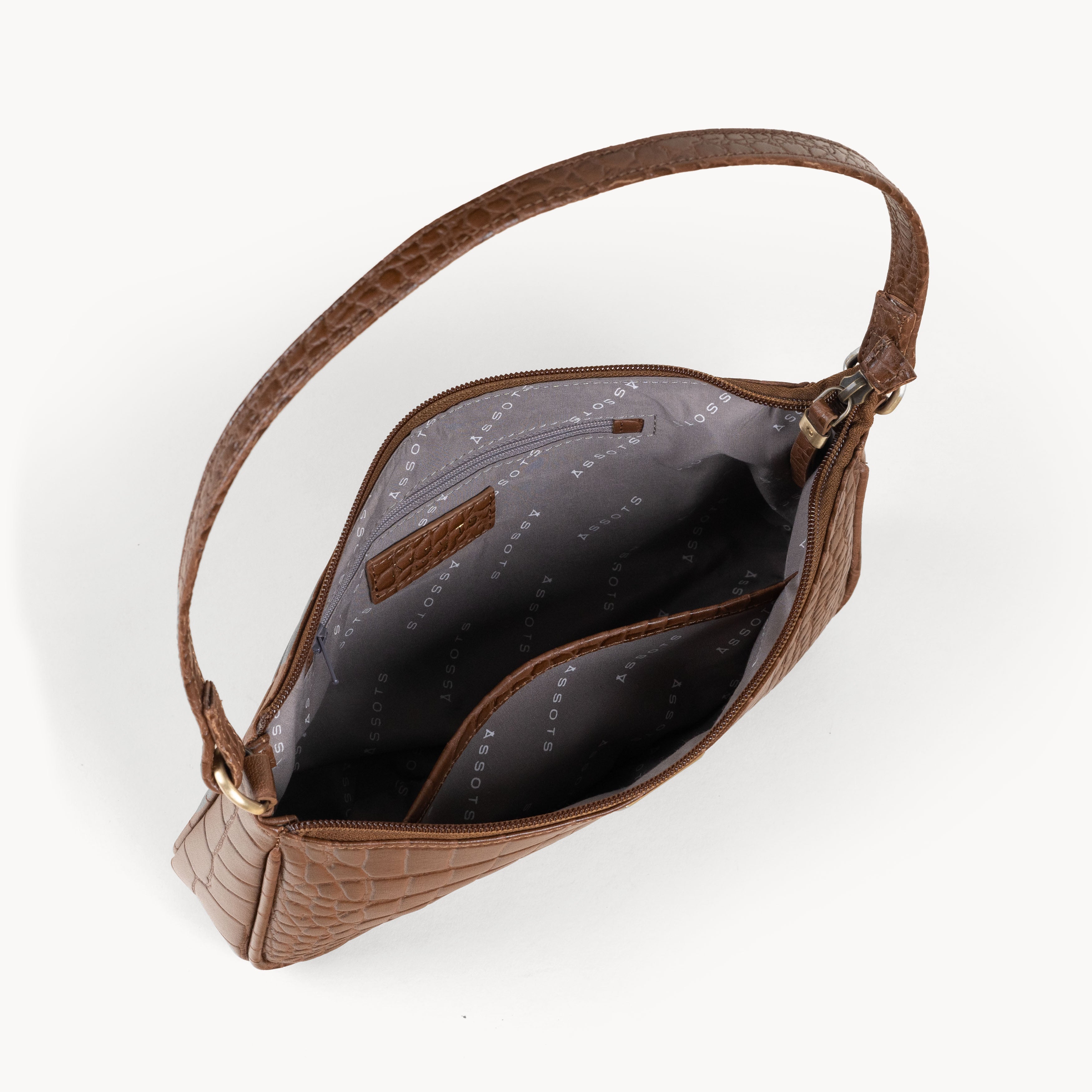 'ZARA' Brown Croc Real Leather Baguette Shoulder Bag