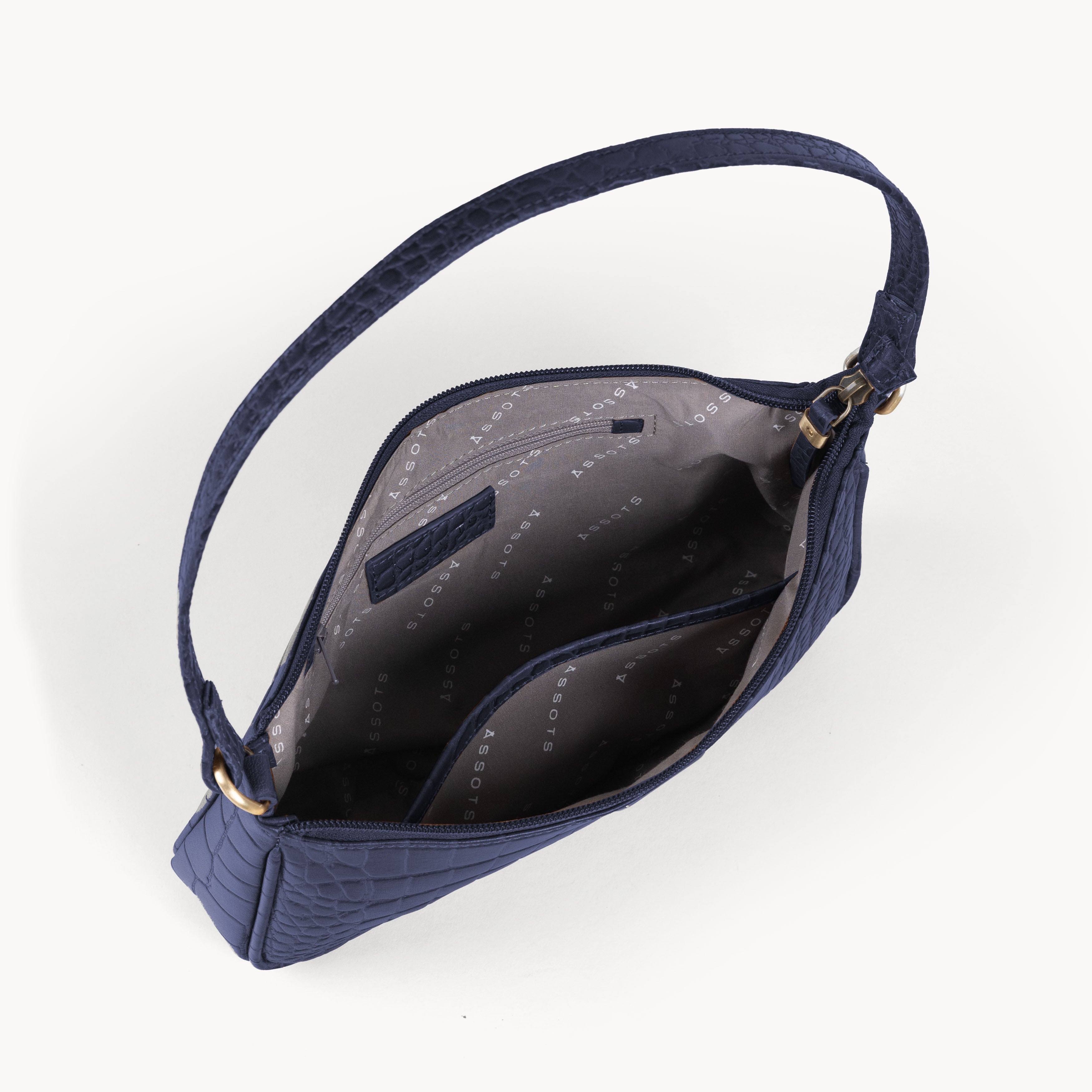 'ZARA' Navy Croc Real Leather Baguette Shoulder Bag