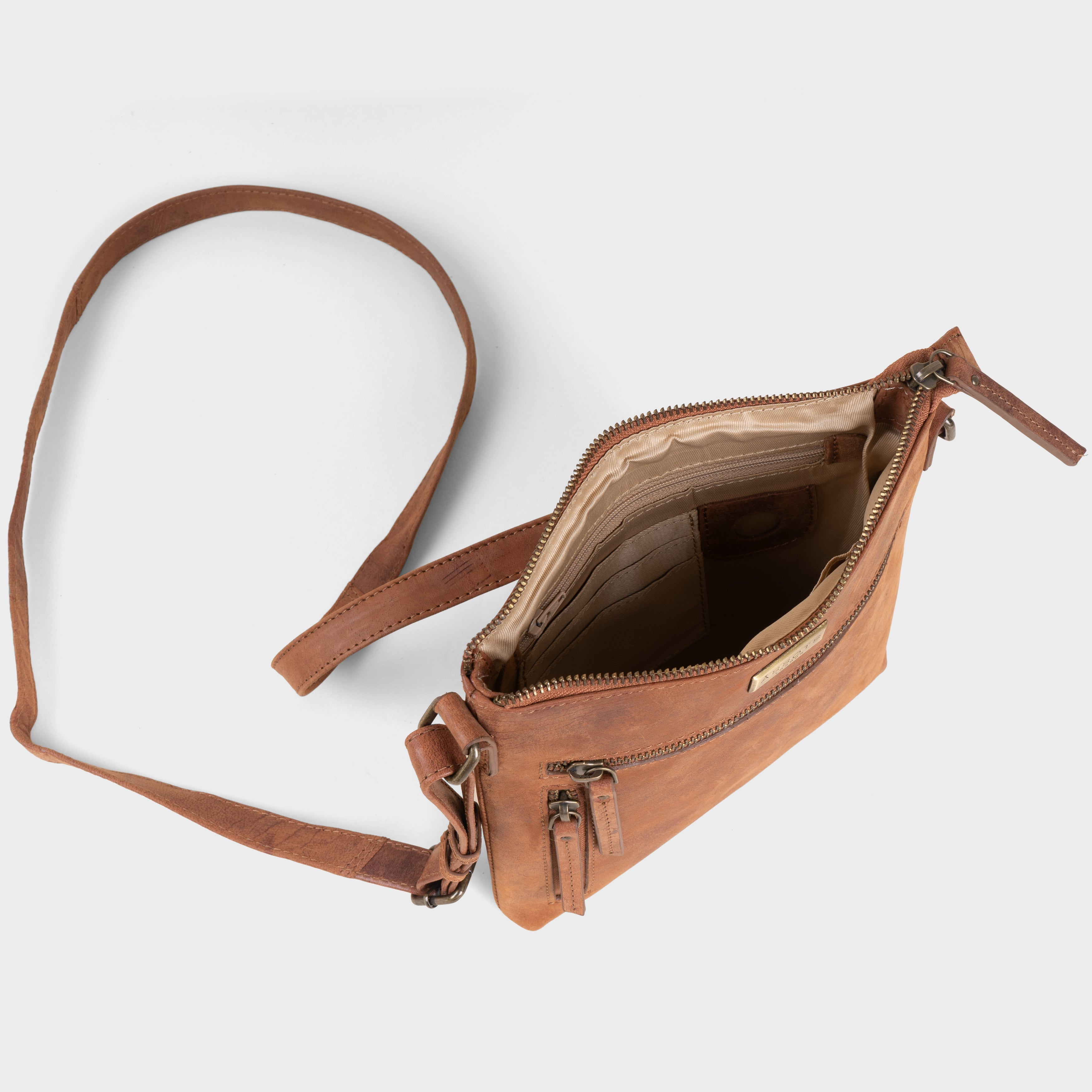 'RUE' Distressed Tan Real Leather Crossbody Bag