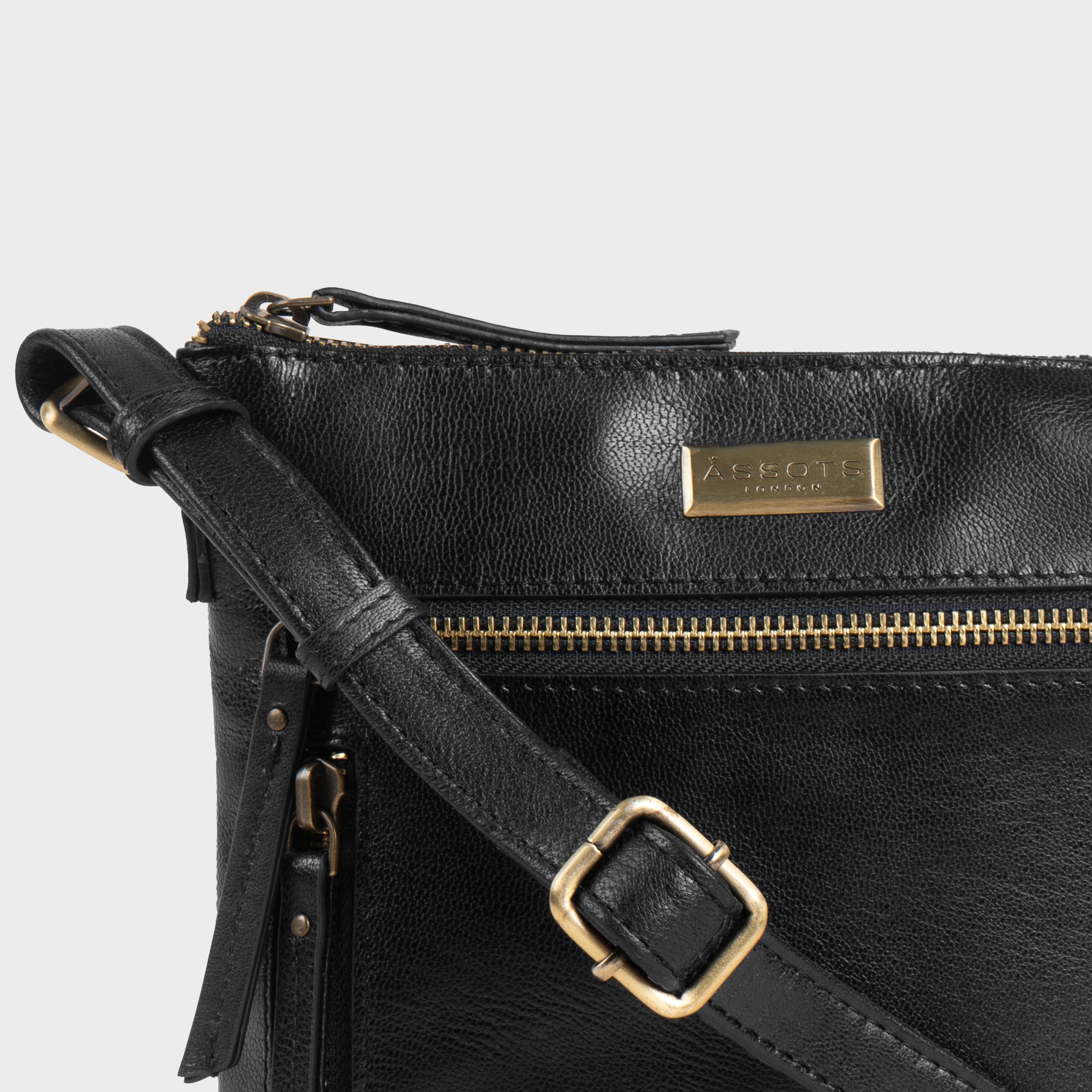 'RUE' Black Polished VT Real Leather Crossbody Bag