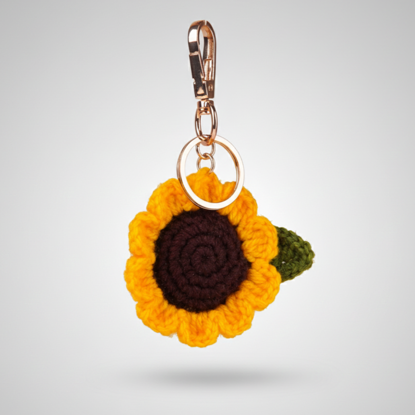The Sunflower Hand Crochet Gold Charm Keyring