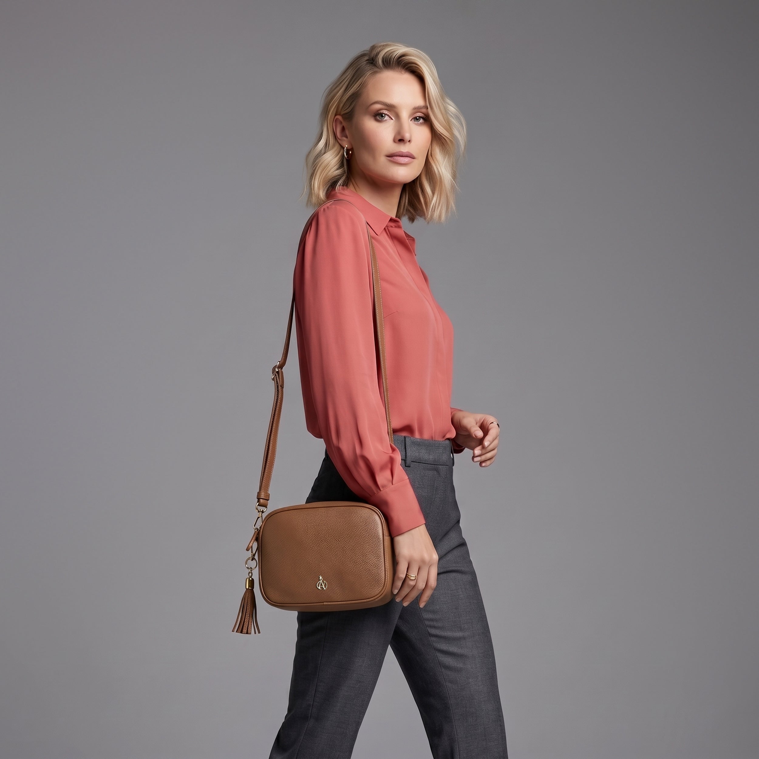 'KENT' Tan Pebble Grain Real Leather Crossbody Bag