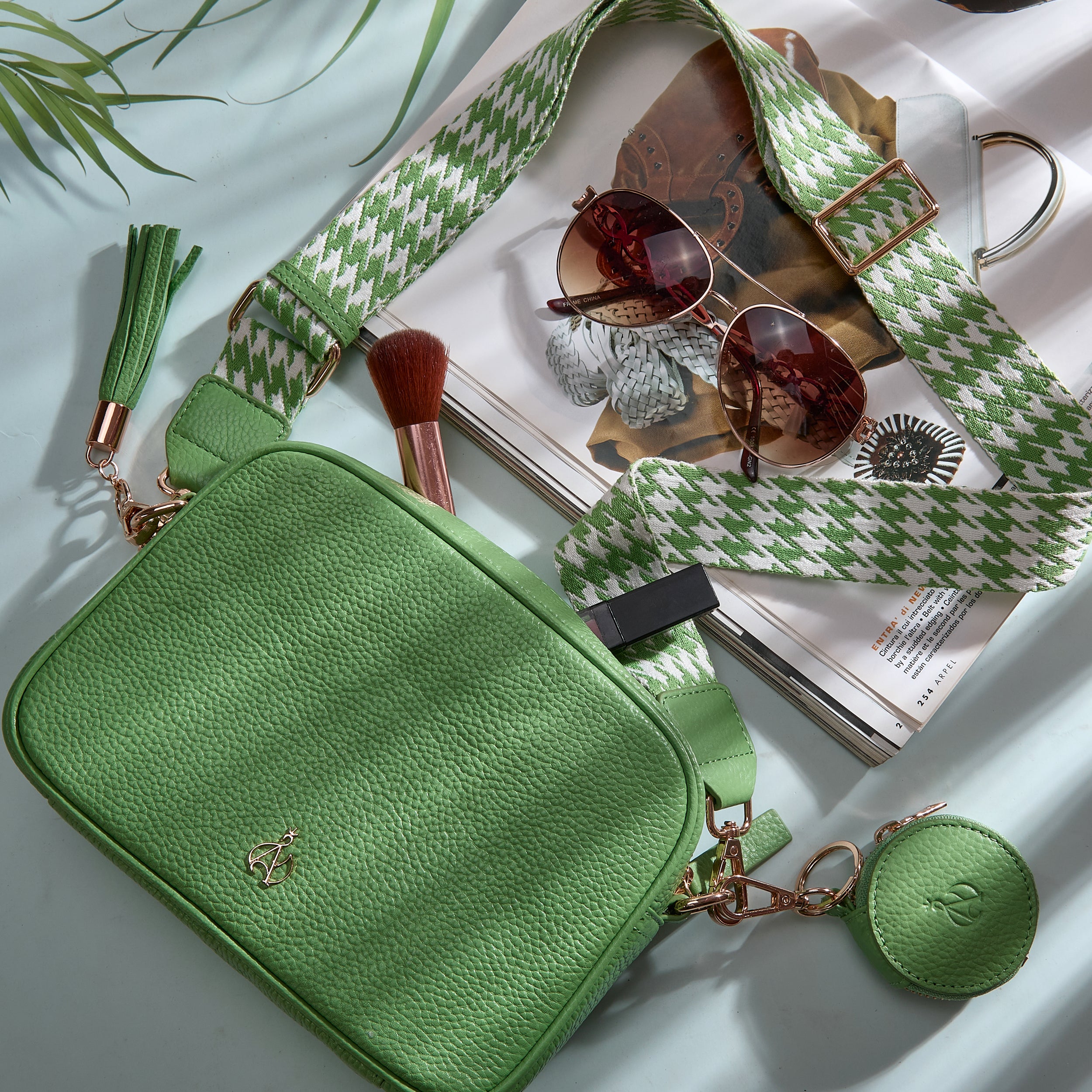 'KENT' Matcha Green Pebble Grain Real Leather Crossbody Bag