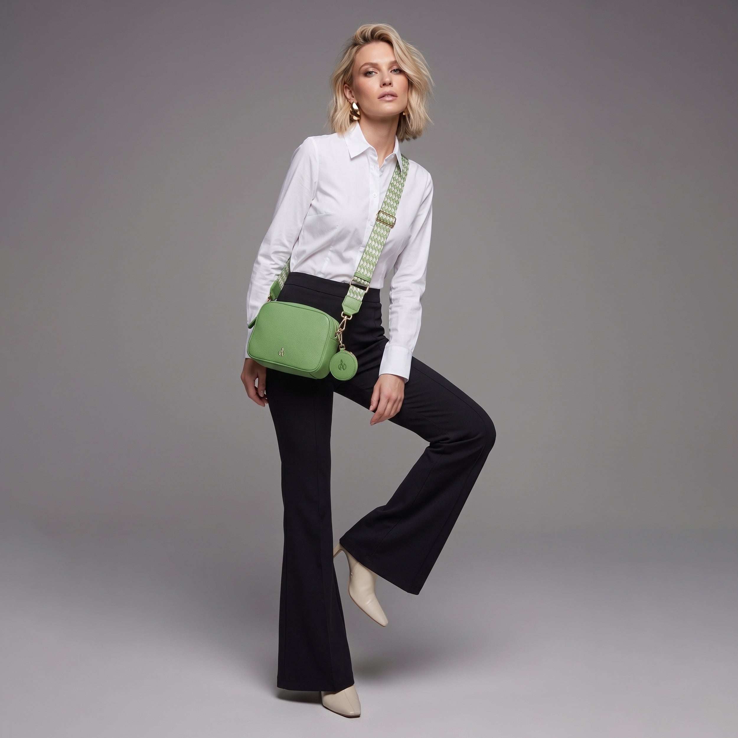 'KENT' Matcha Green Pebble Grain Real Leather Crossbody Bag