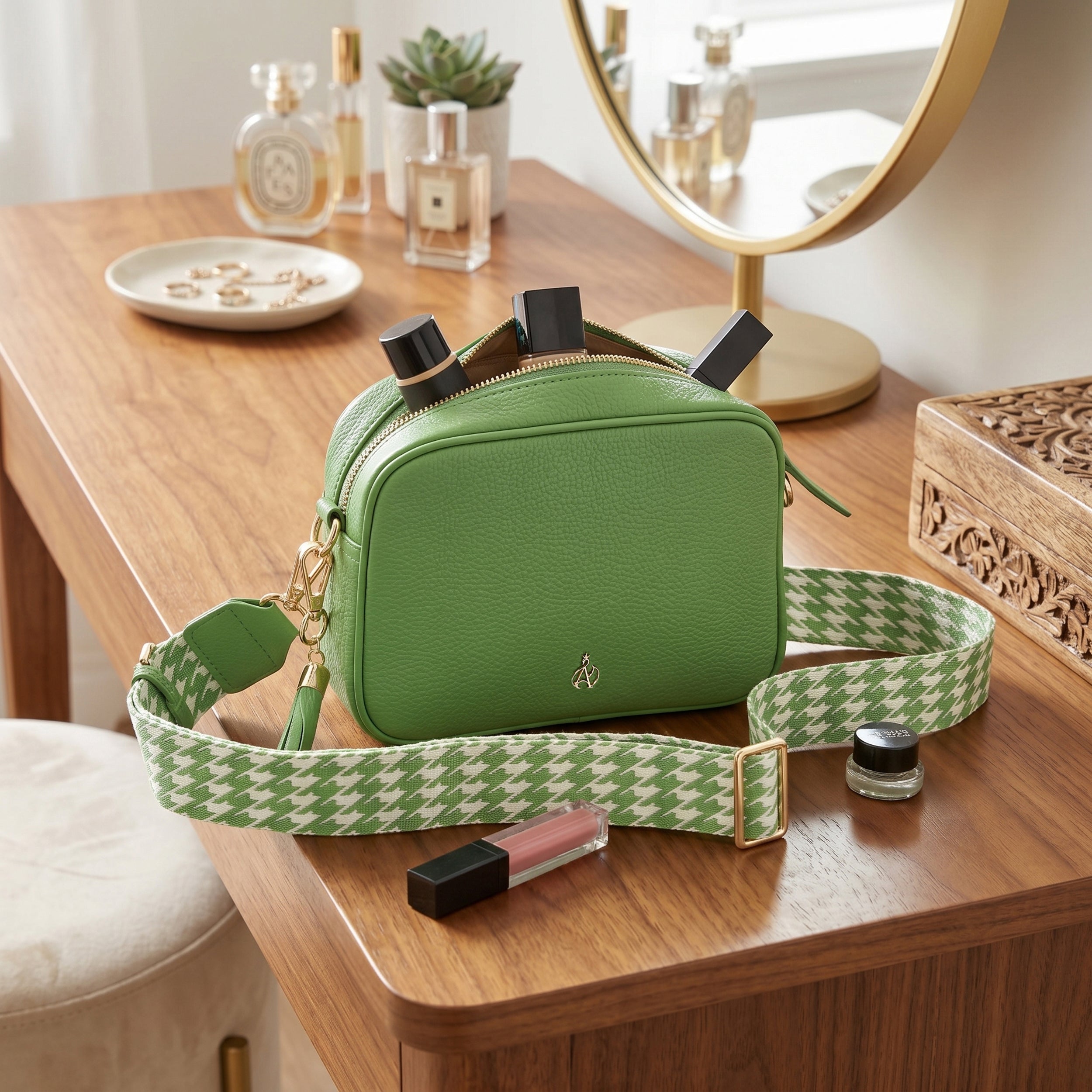 'KENT' Matcha Green Pebble Grain Real Leather Crossbody Bag