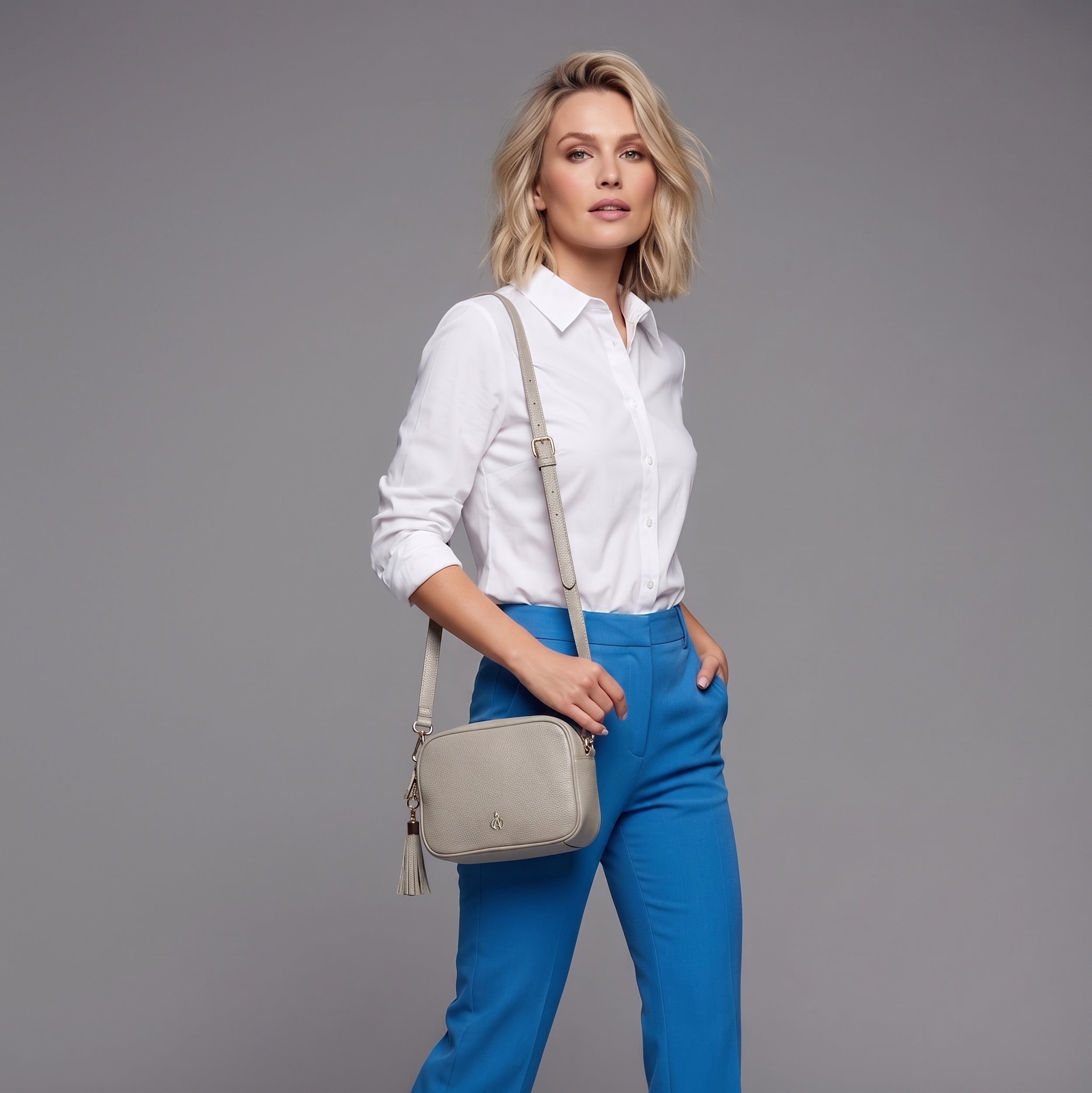'KENT' Fog Grey Pebble Grain Real Leather Crossbody Bag