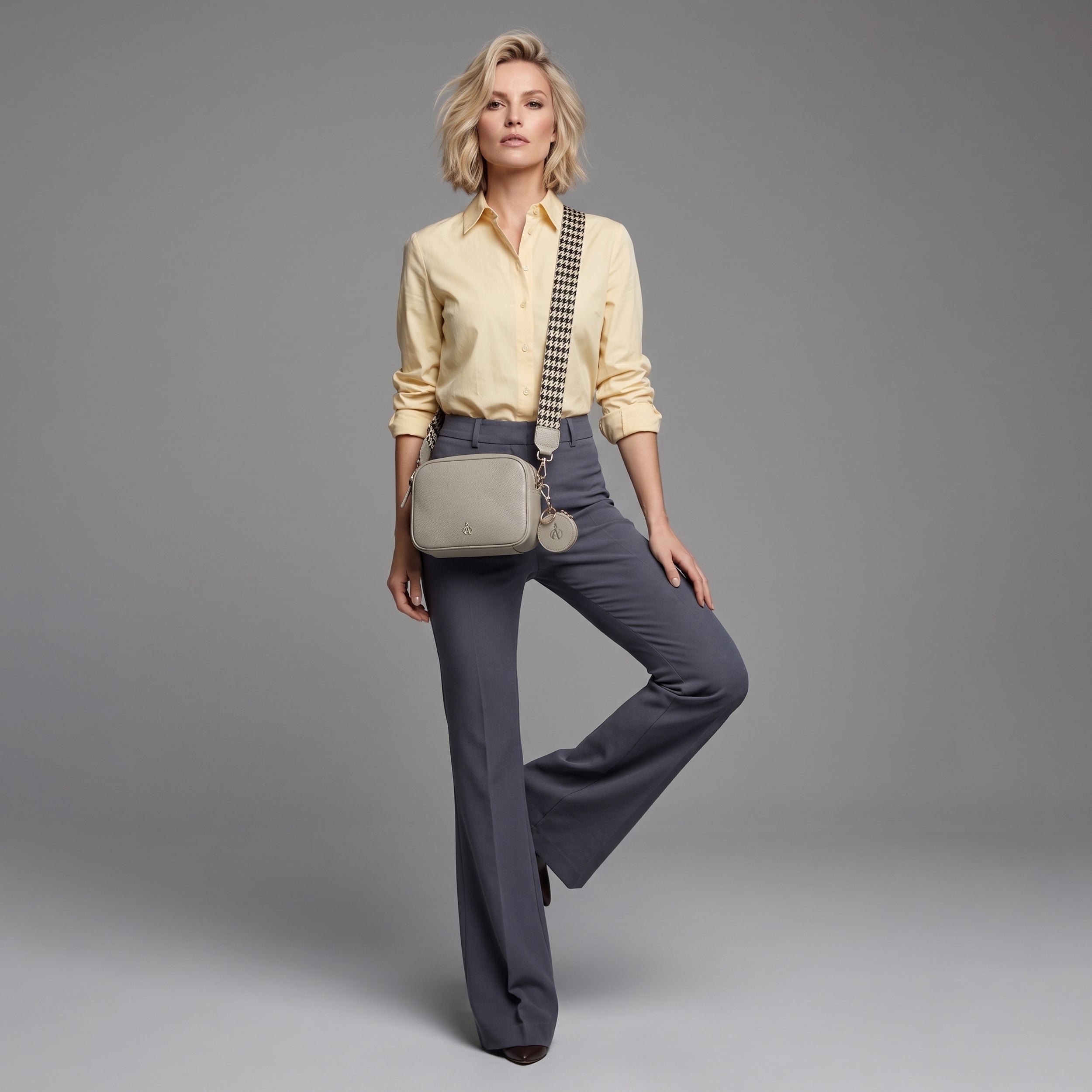 'KENT' Fog Grey Pebble Grain Real Leather Crossbody Bag