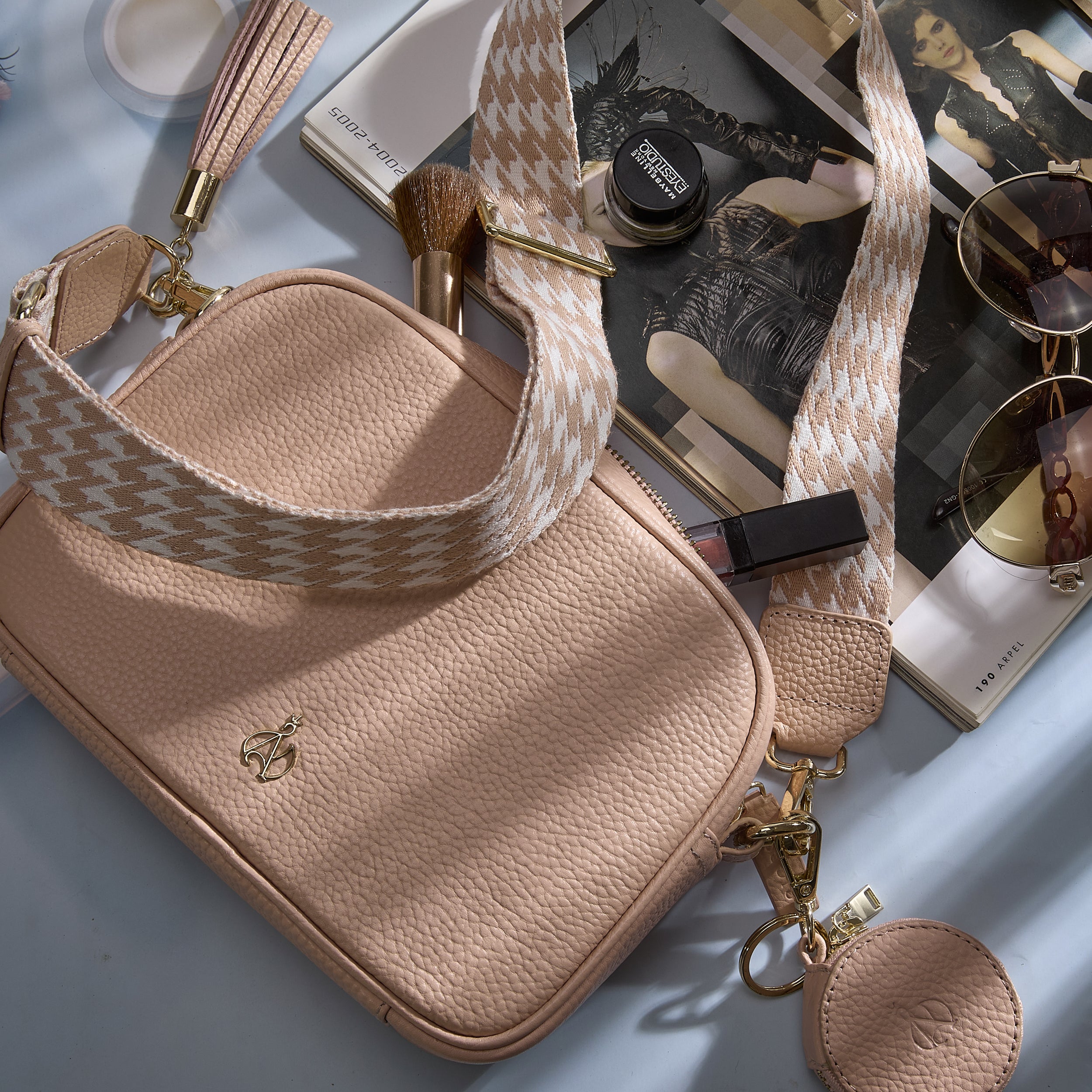 'KENT' Peach Pebble Grain Real Leather Crossbody Bag