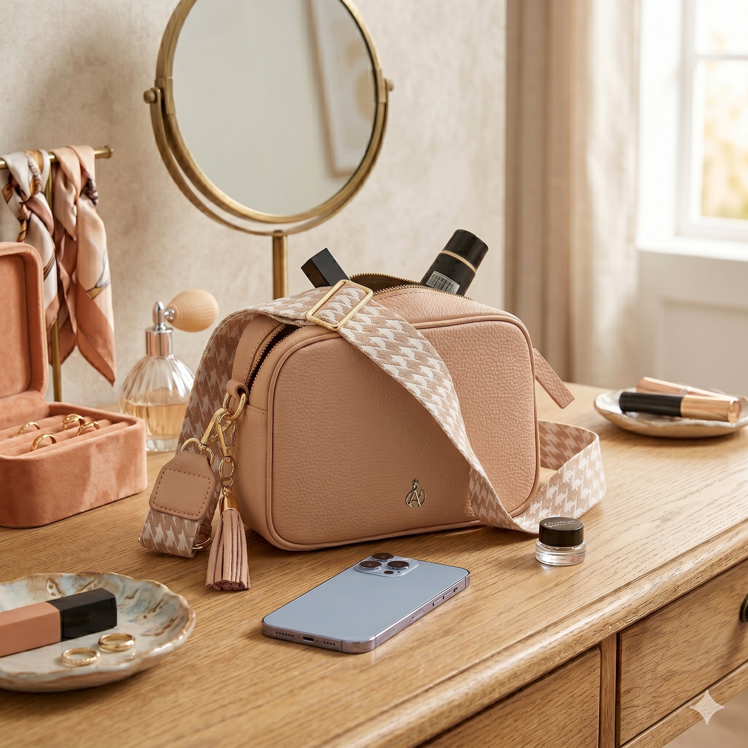 'KENT' Peach Pebble Grain Real Leather Crossbody Bag