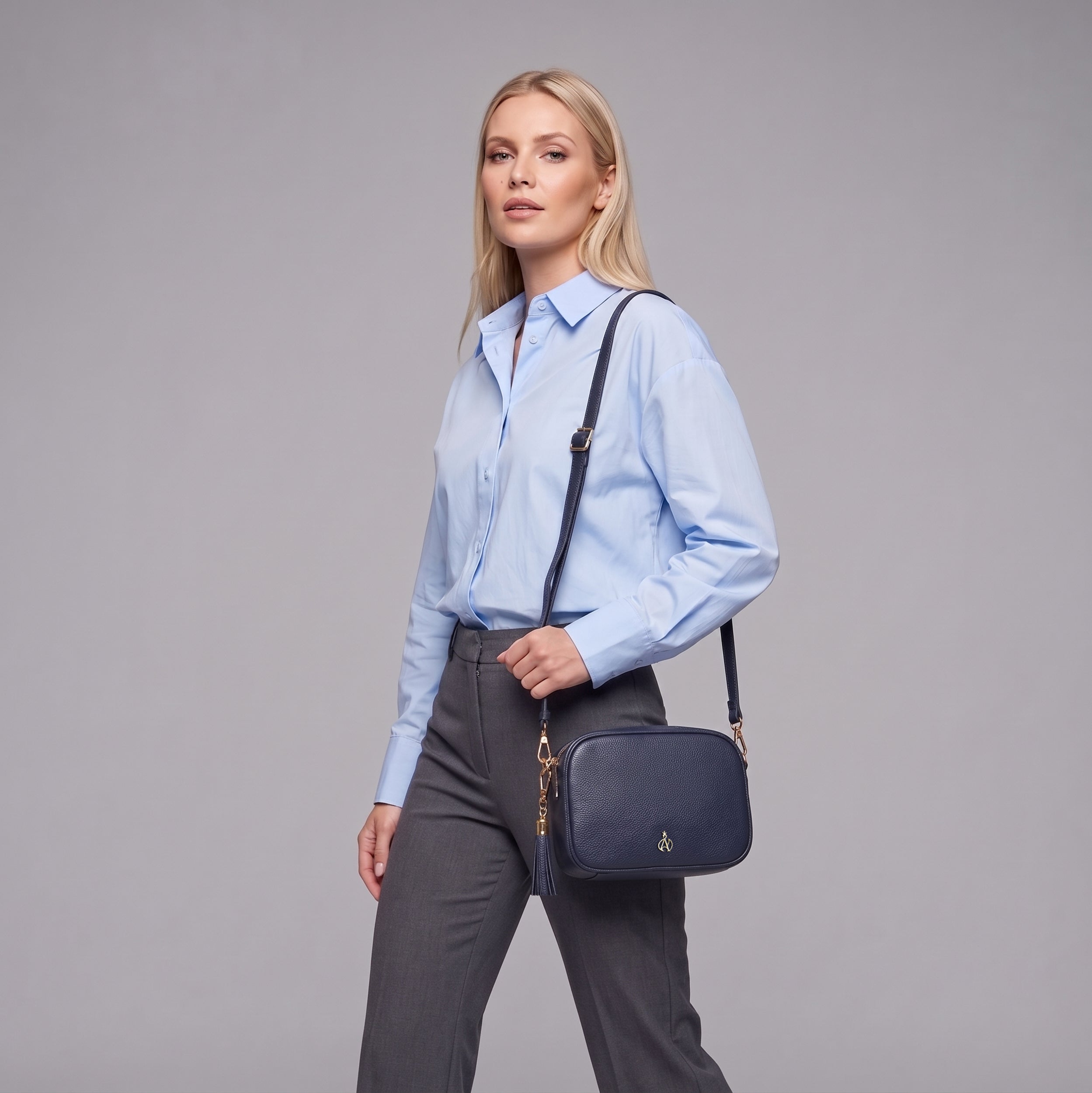 'KENT' Navy Pebble Grain Real Leather Crossbody Bag