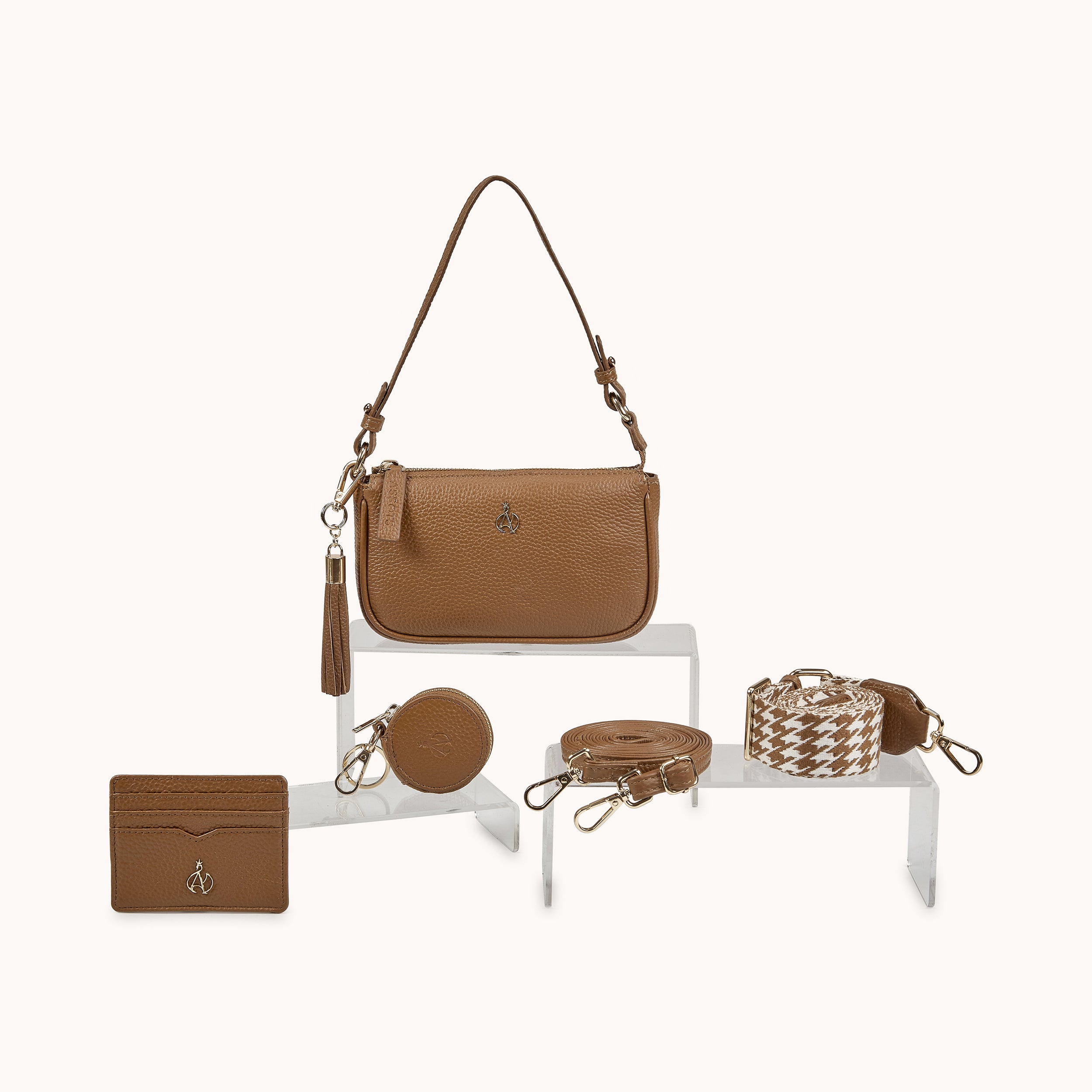 'ROSE' Tan Pebble Grain Real Leather Shoulder Bag