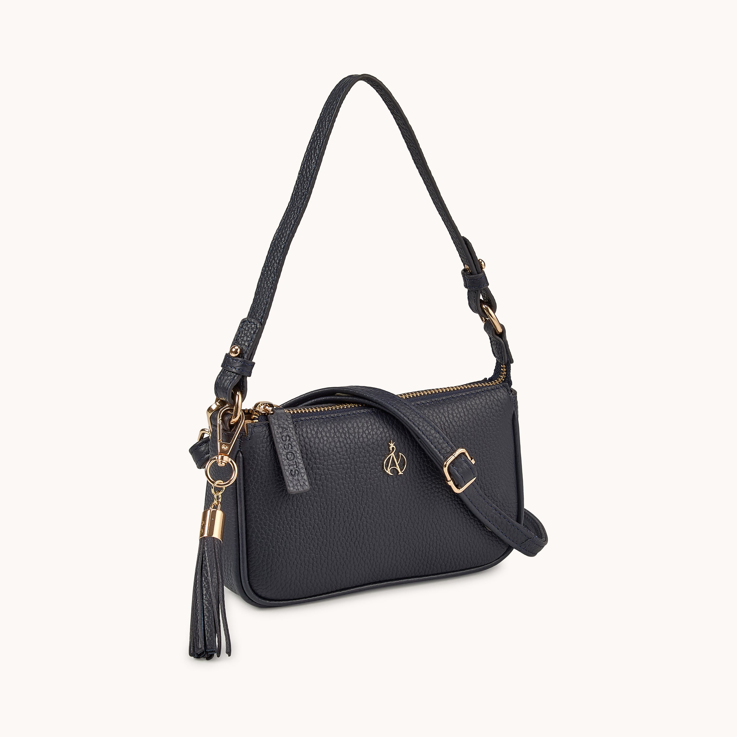 'ROSE' Navy Pebble Grain Real Leather Shoulder Bag