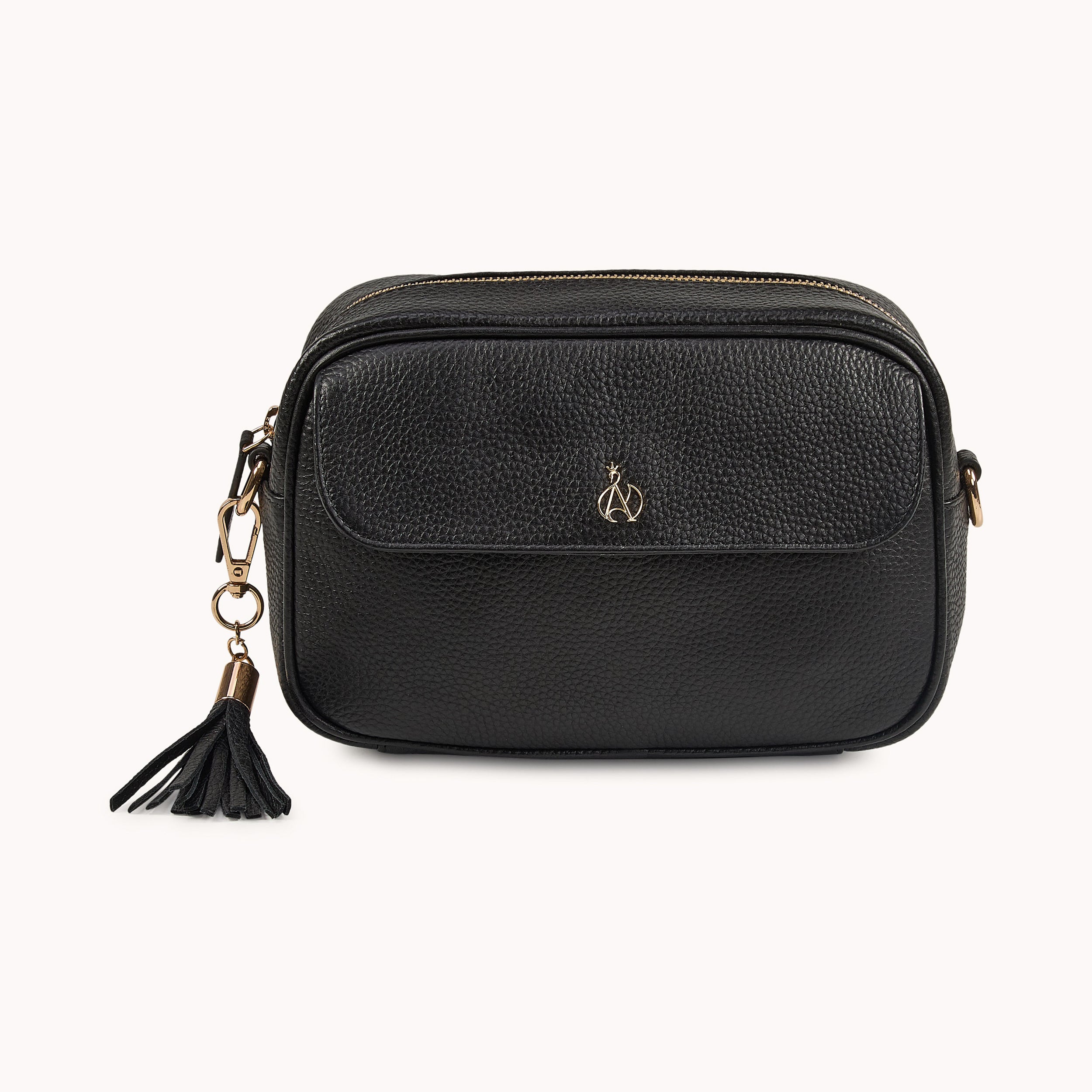 'HACKNEY' Black Pebble Grain Real Leather Crossbody Bag