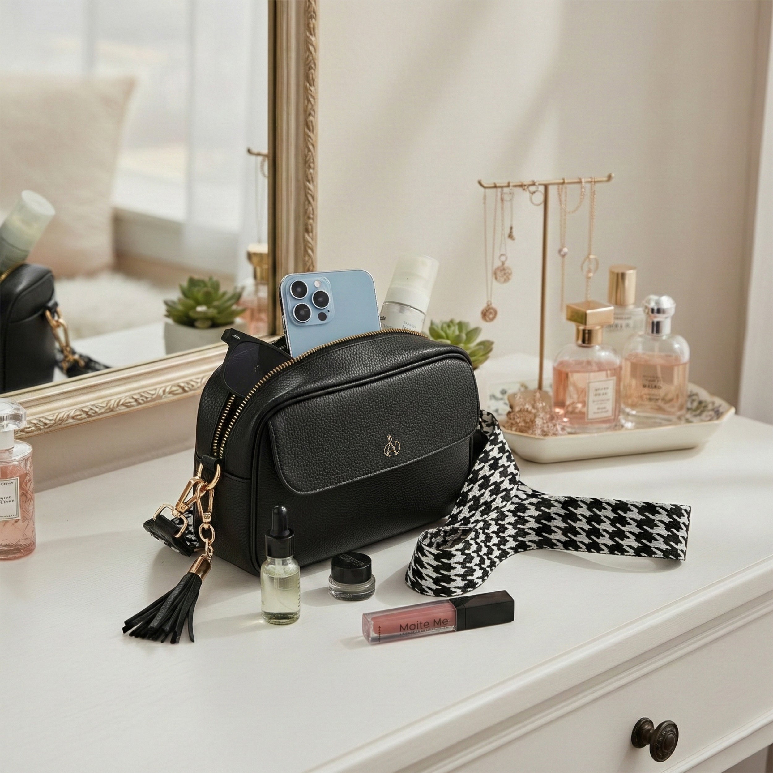 'HACKNEY' Black Pebble Grain Real Leather Crossbody Bag