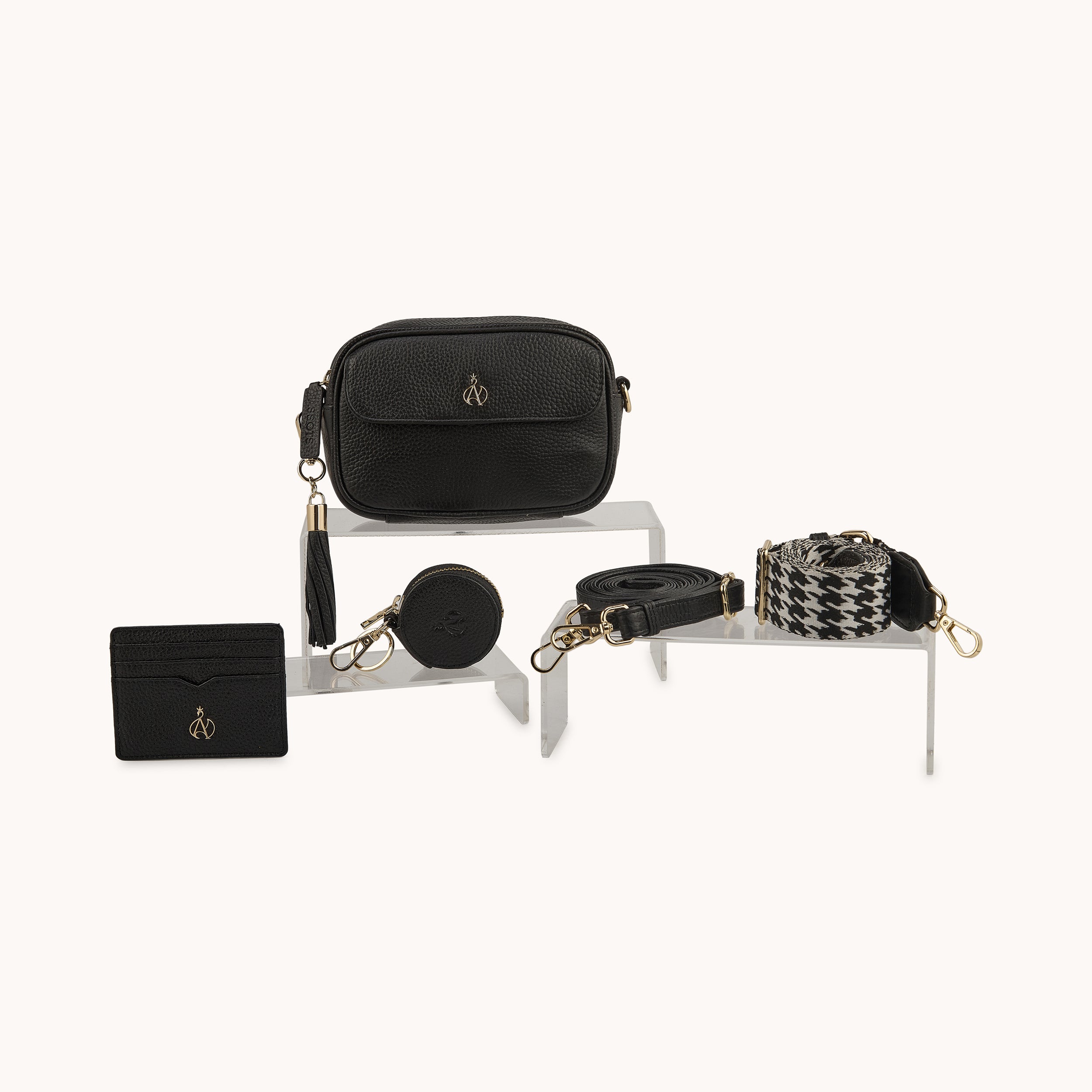 'HACKNEY MINI' Black Pebble Grain Real Leather Crossbody Bag