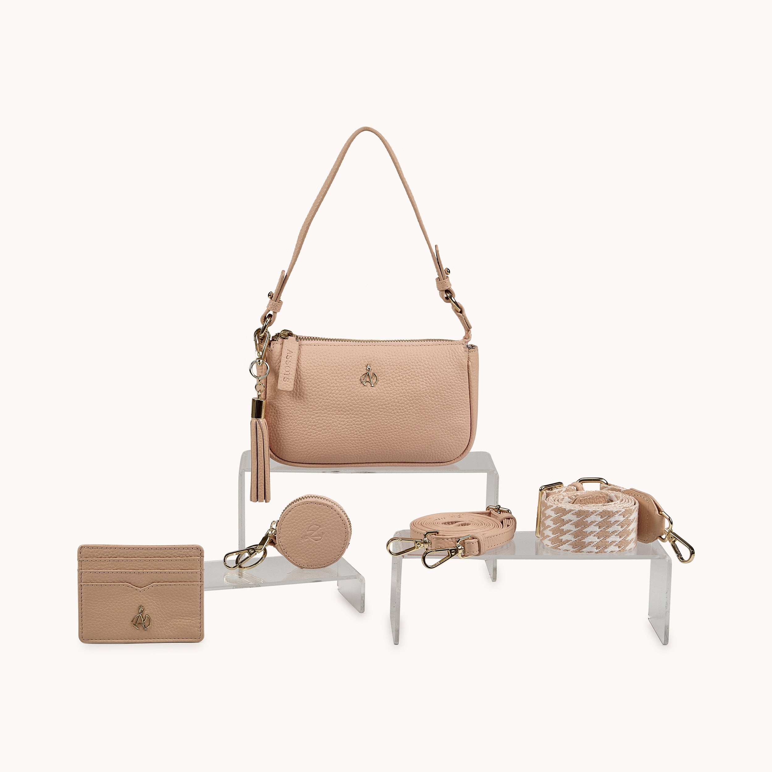 'ROSE' Peach Pebble Grain Real Leather Shoulder Bag