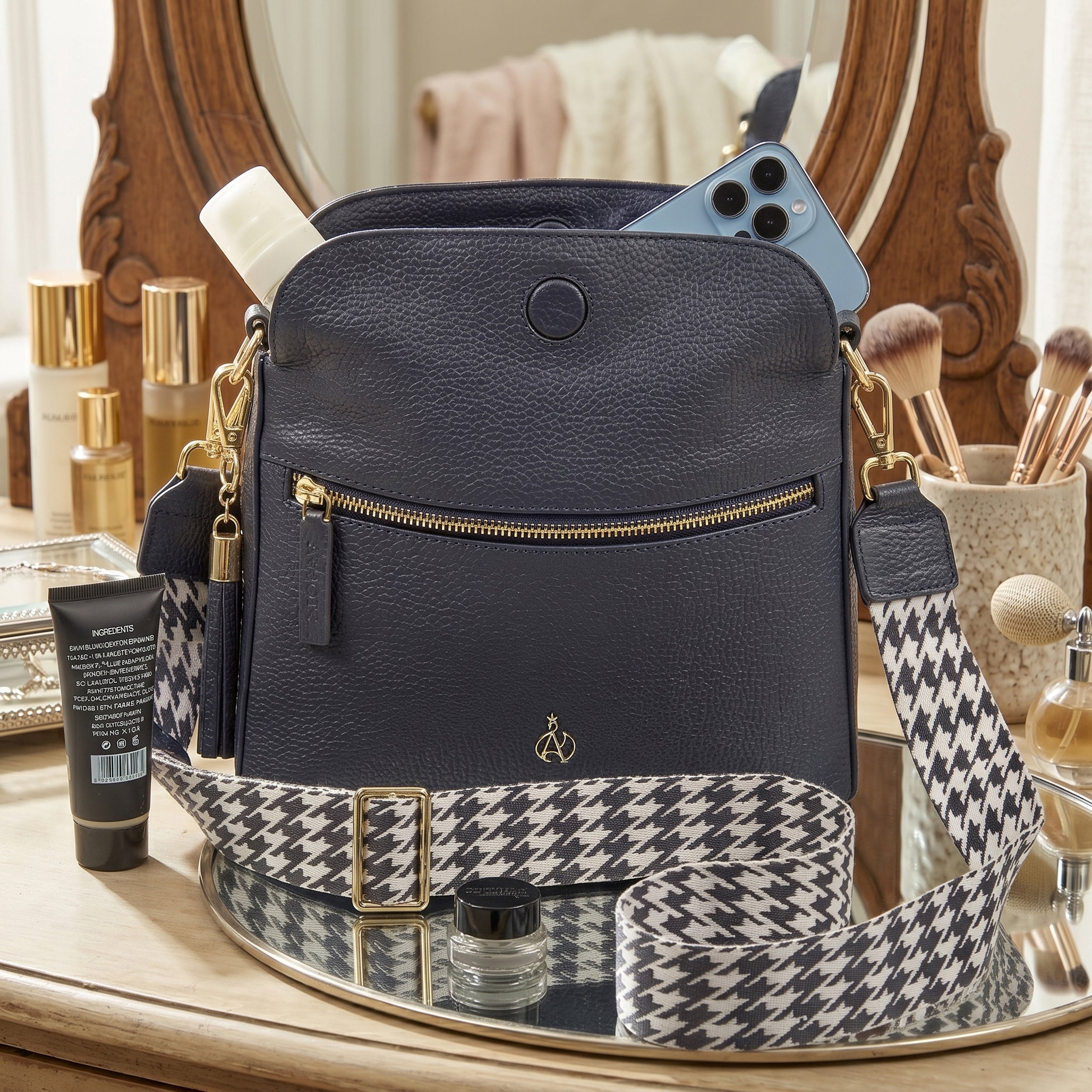 'FIONA' Navy Pebble Grain Real Leather Shoulder Bag