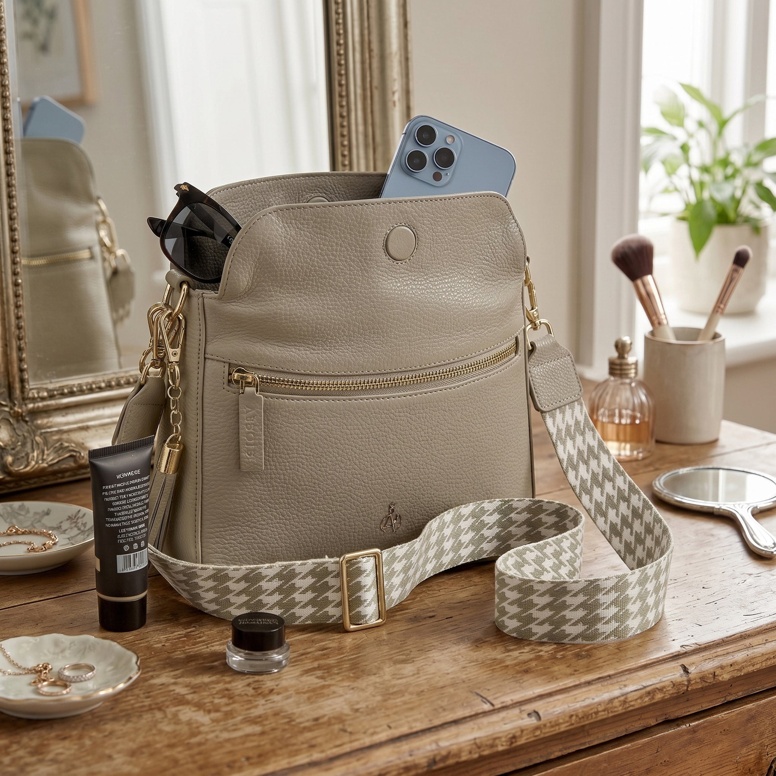 'FIONA' Fog Grey Pebble Grain Real Leather Shoulder Bag