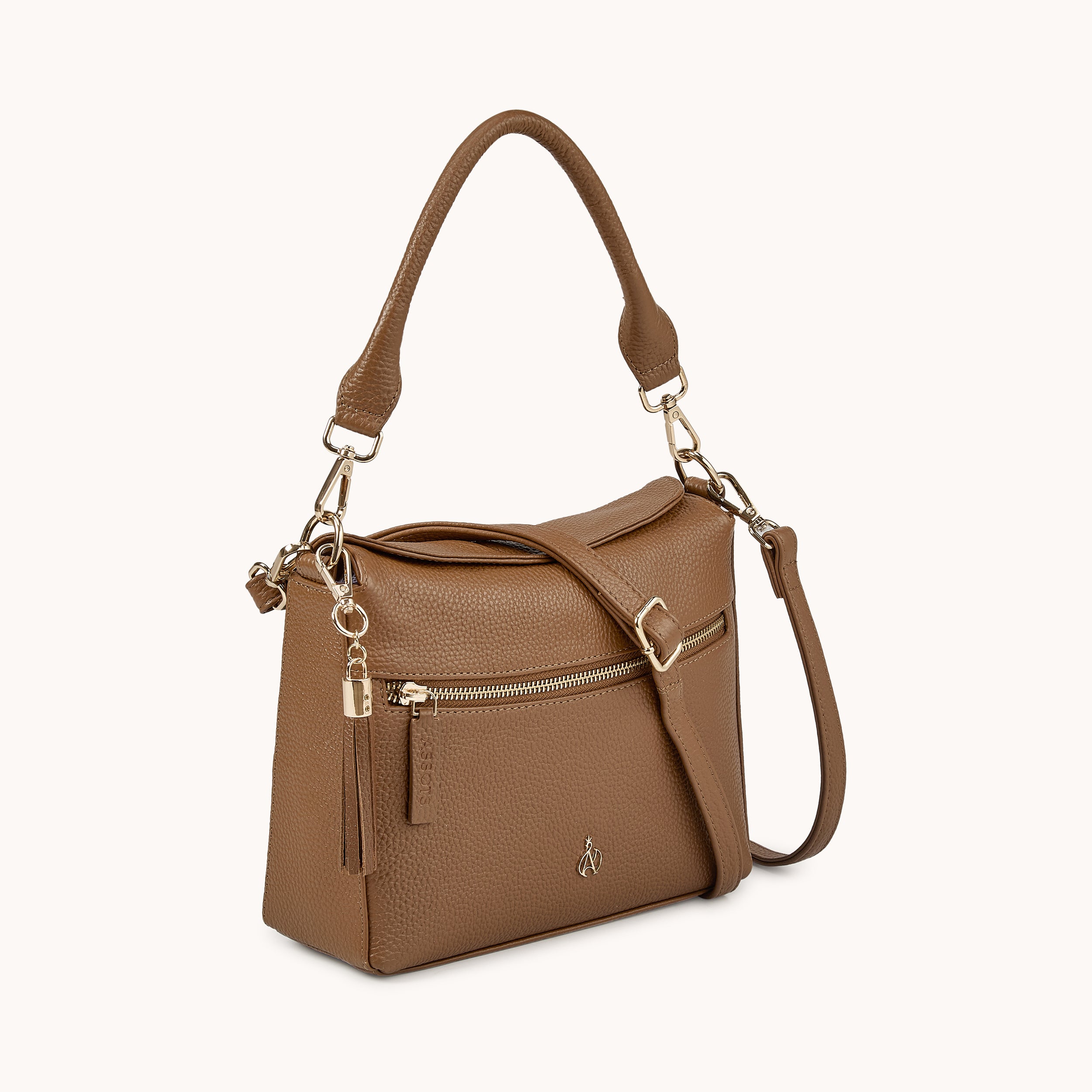'FIONA' Tan Pebble Grain Real Leather Shoulder Bag