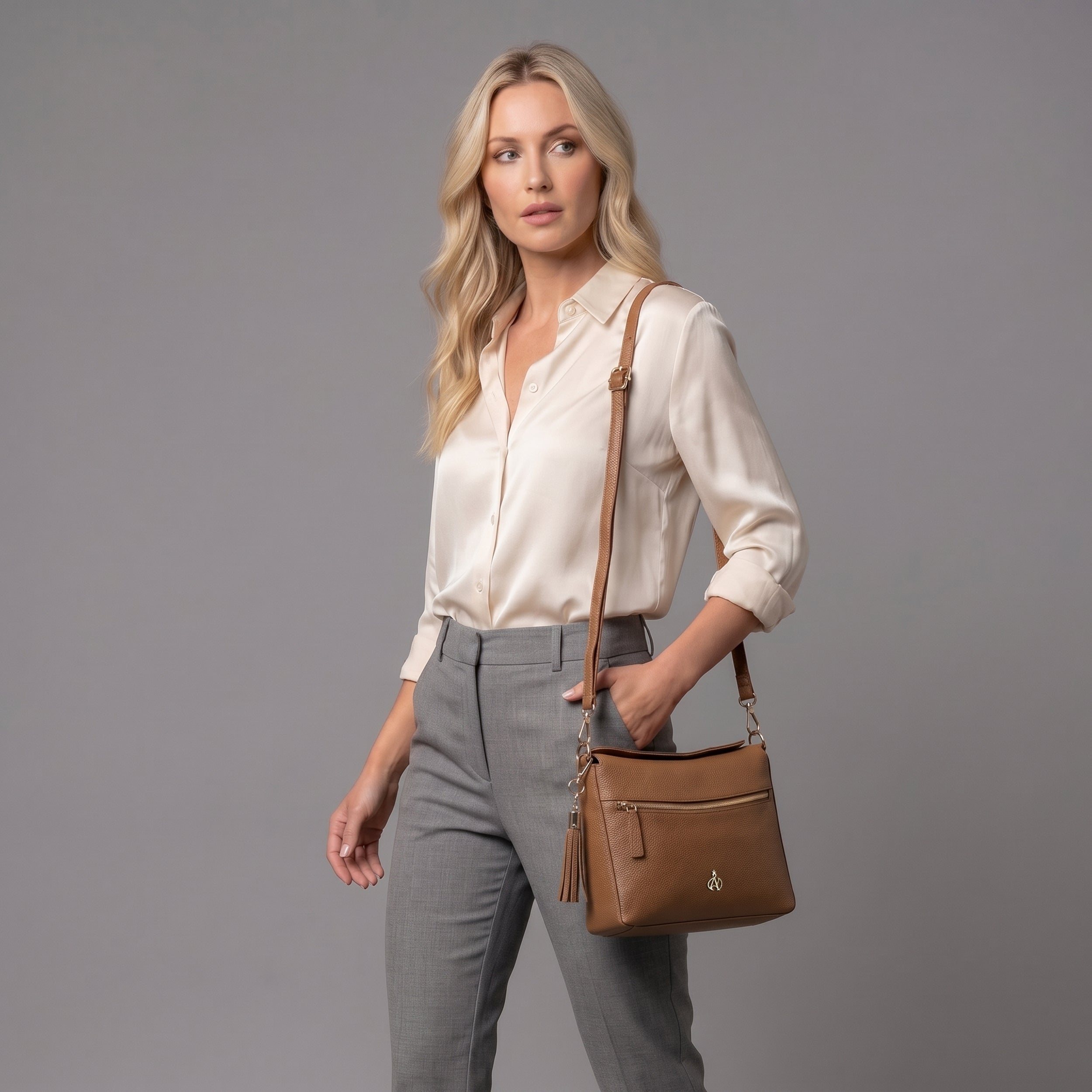 'FIONA' Tan Pebble Grain Real Leather Shoulder Bag