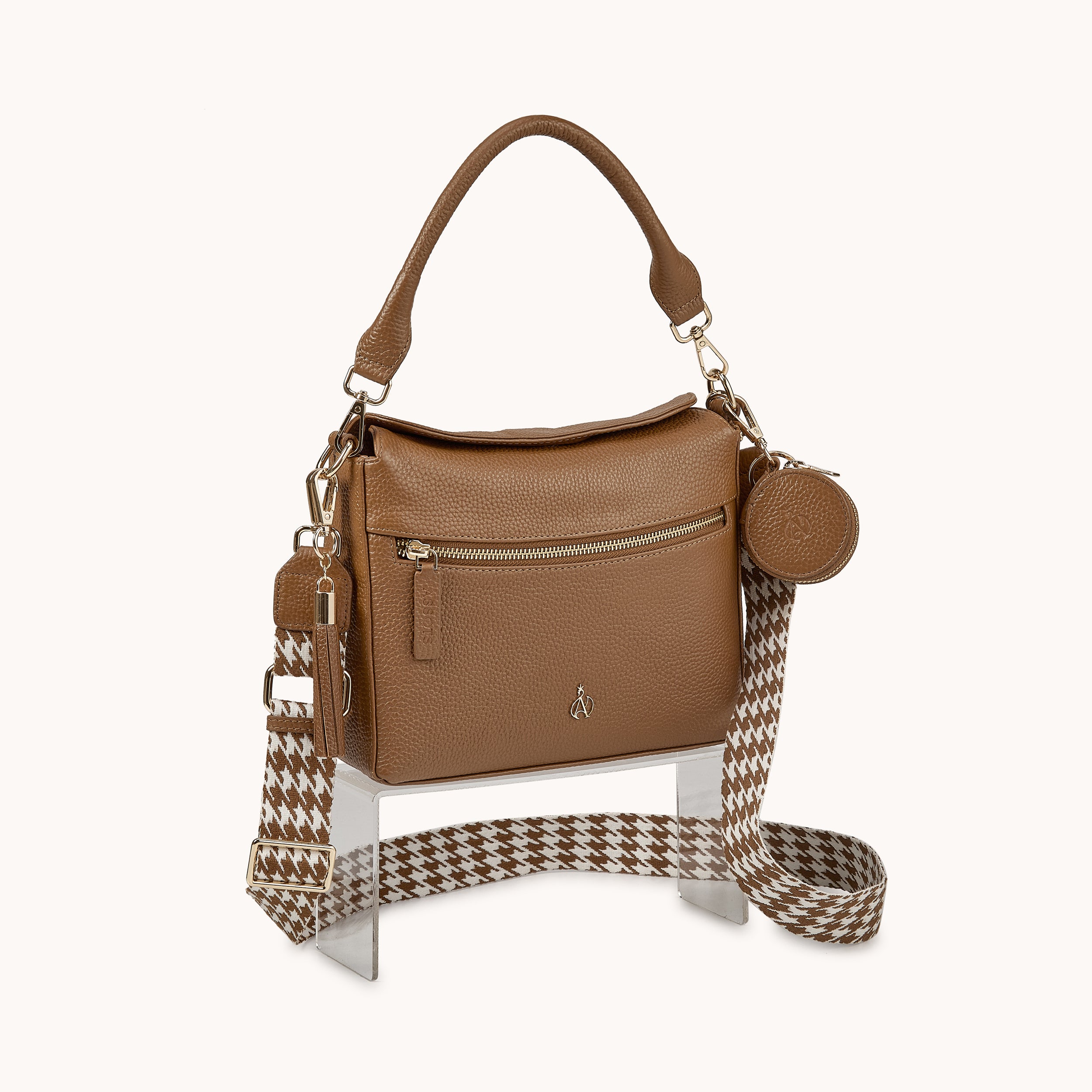 'FIONA' Tan Pebble Grain Real Leather Shoulder Bag