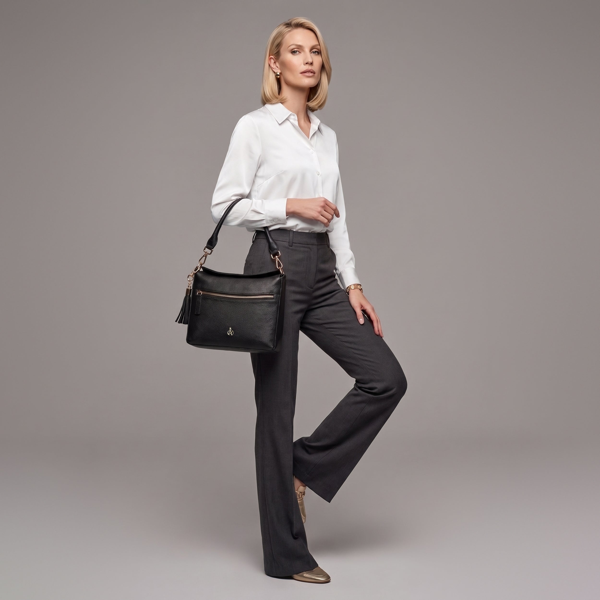 'FIONA' Black Pebble Grain Real Leather Shoulder Bag