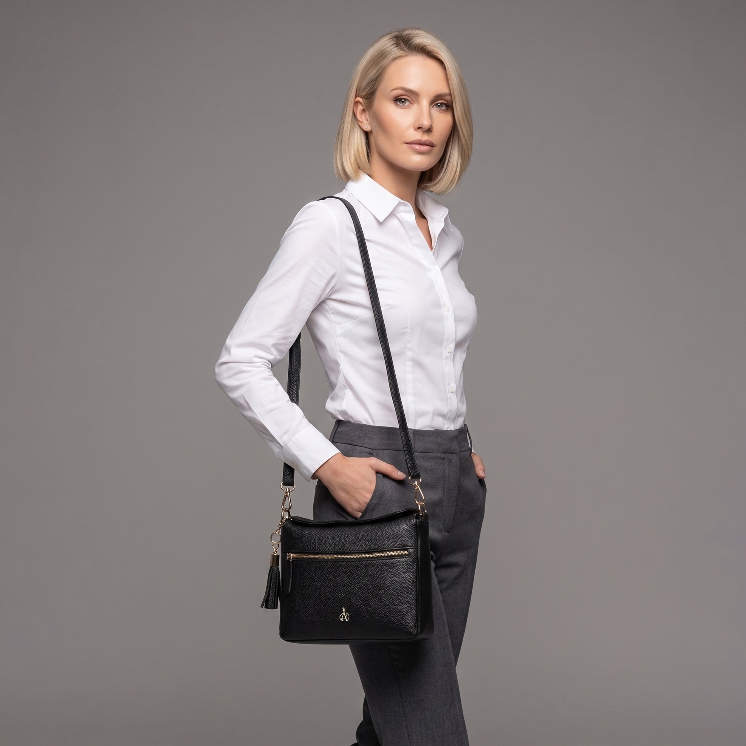 'FIONA' Black Pebble Grain Real Leather Shoulder Bag