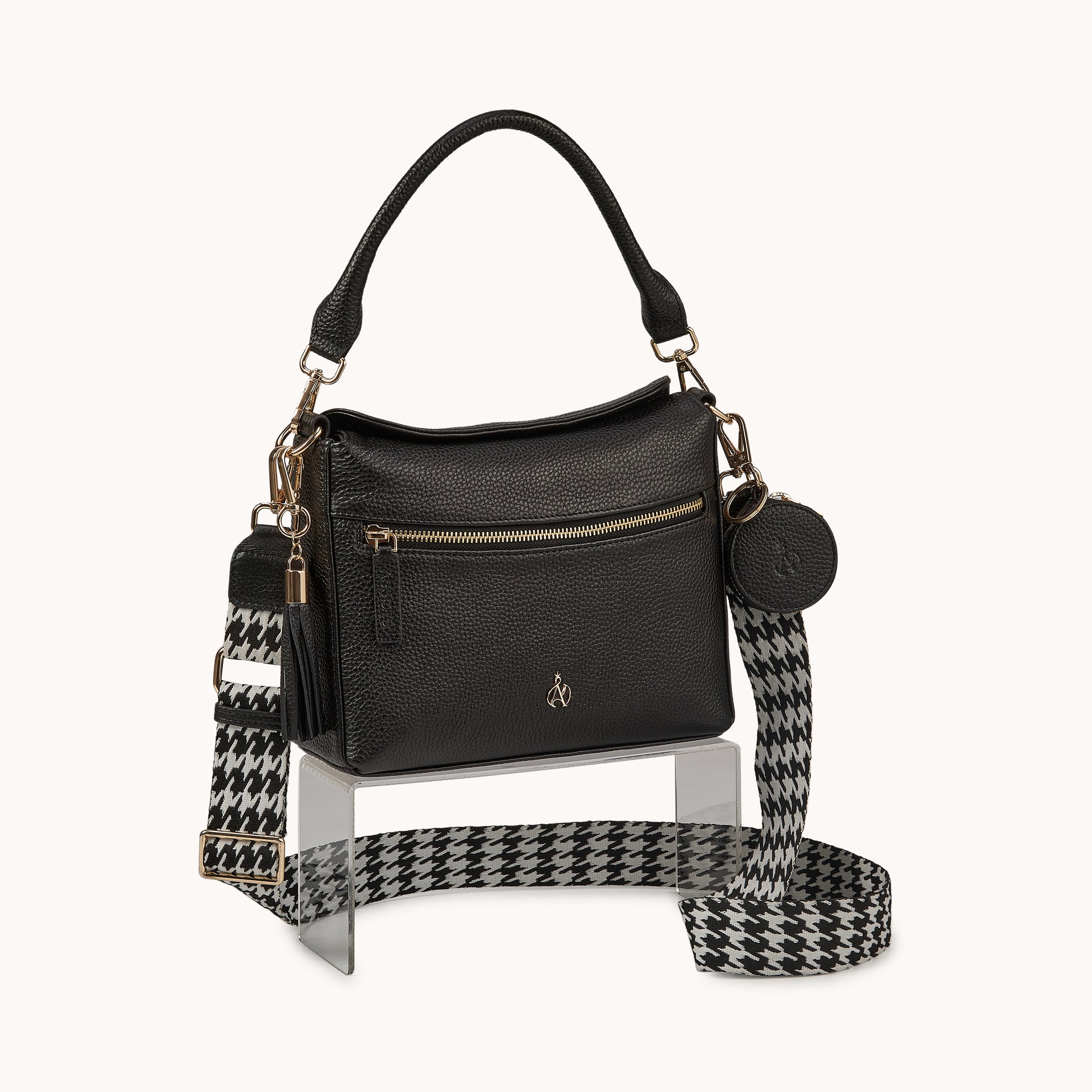 'FIONA' Black Pebble Grain Real Leather Shoulder Bag